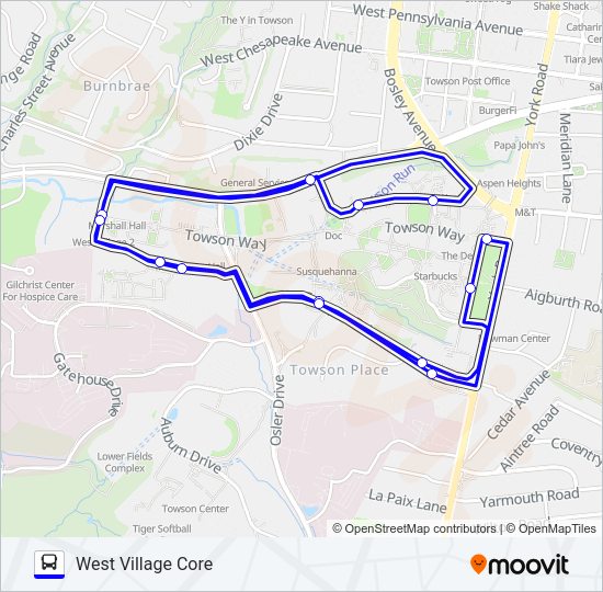 WEST VILLAGE TO CORE CAMPUS Bus Line Map