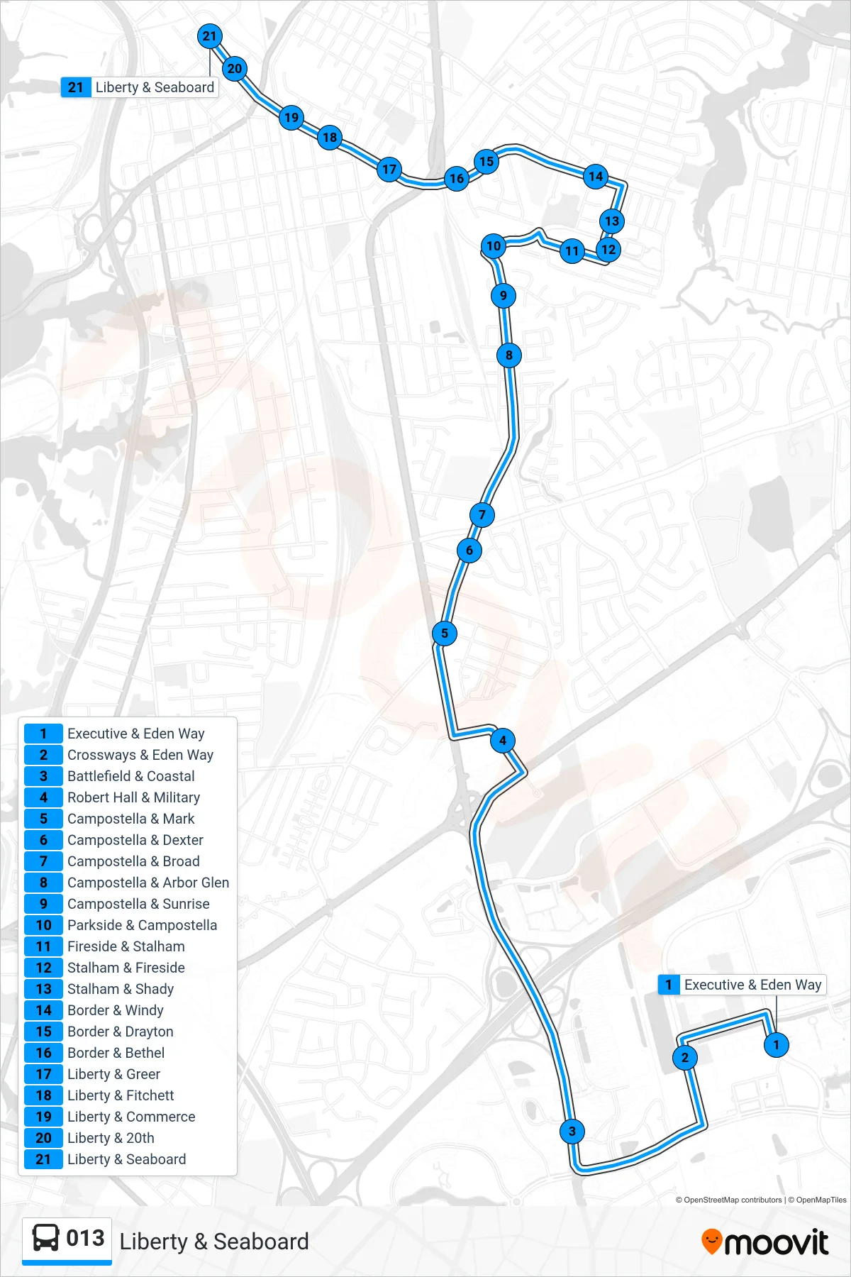 013 bus Line (Liberty & Seaboard) route and stops on a map