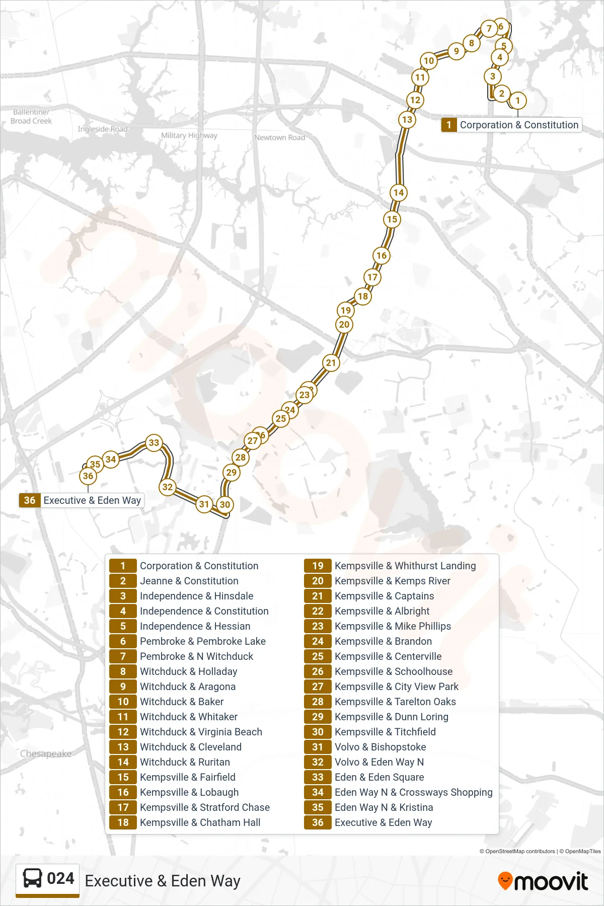 024 bus Line (Executive & Eden Way) route and stops on a map