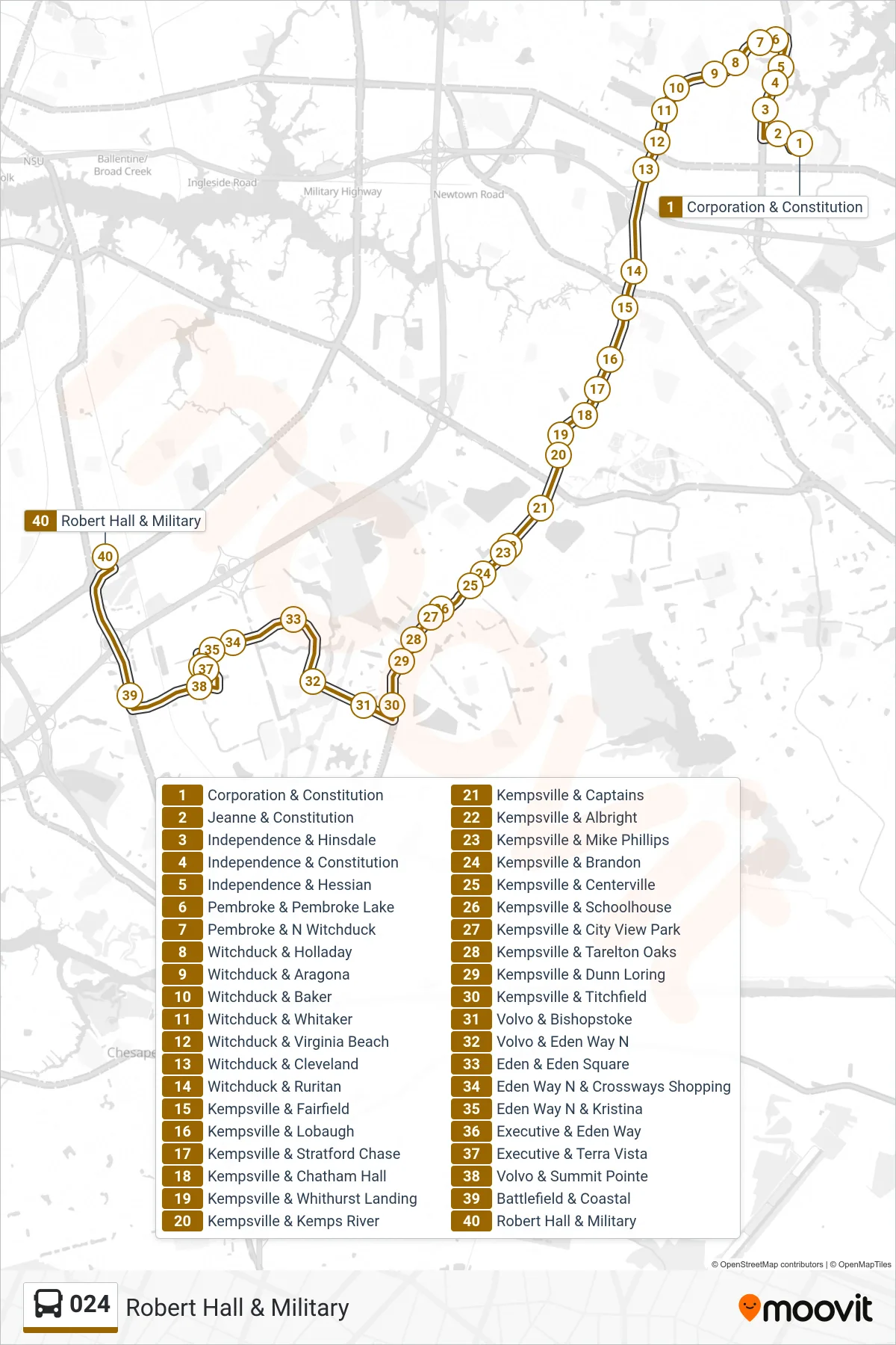 024 bus Line (Robert Hall & Military) route and stops on a map