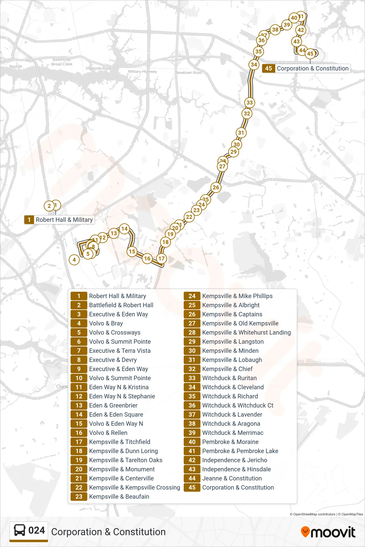 024 bus Line (Corporation & Constitution) route and stops on a map
