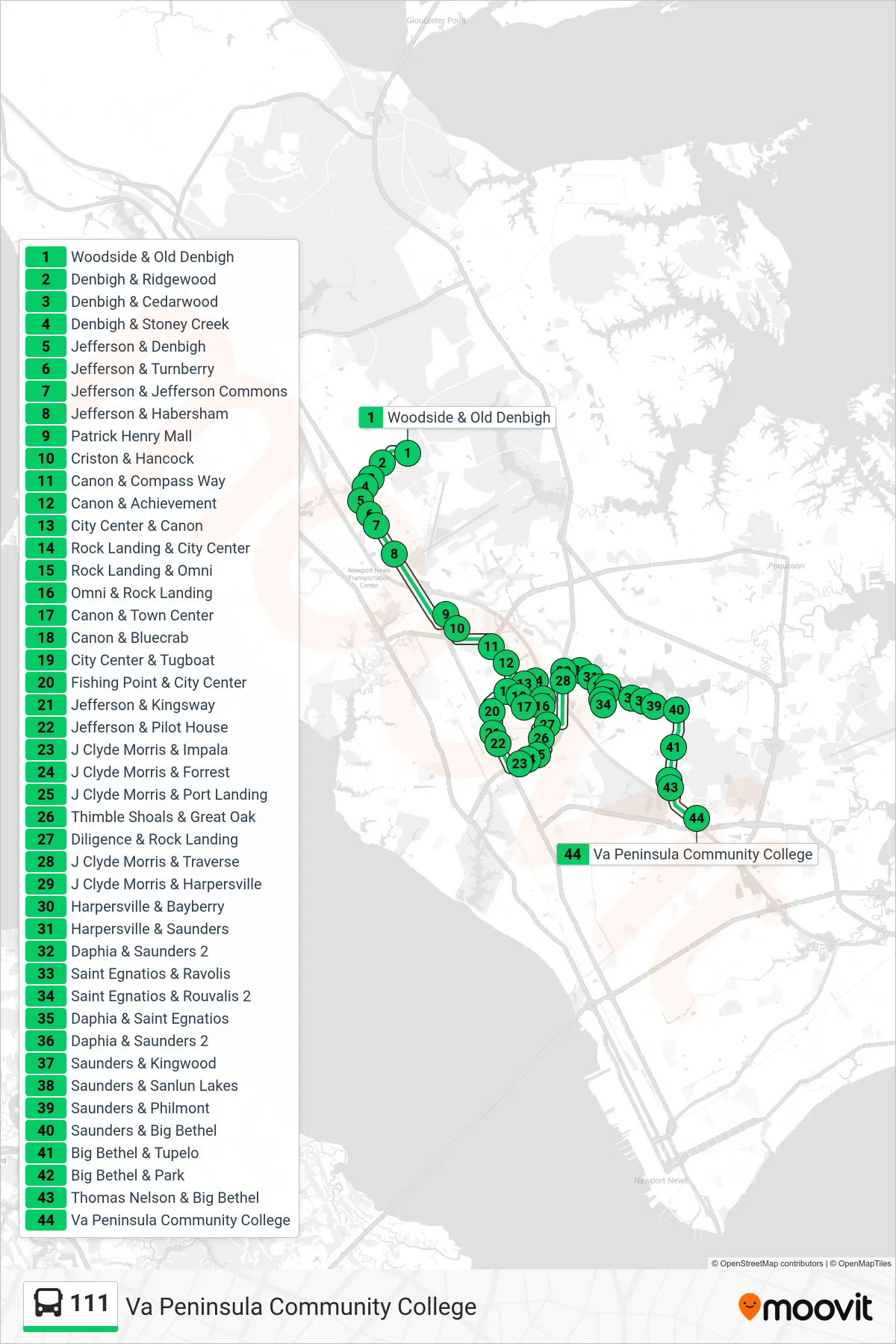111 bus Line (Va Peninsula Community College) route and stops on a map
