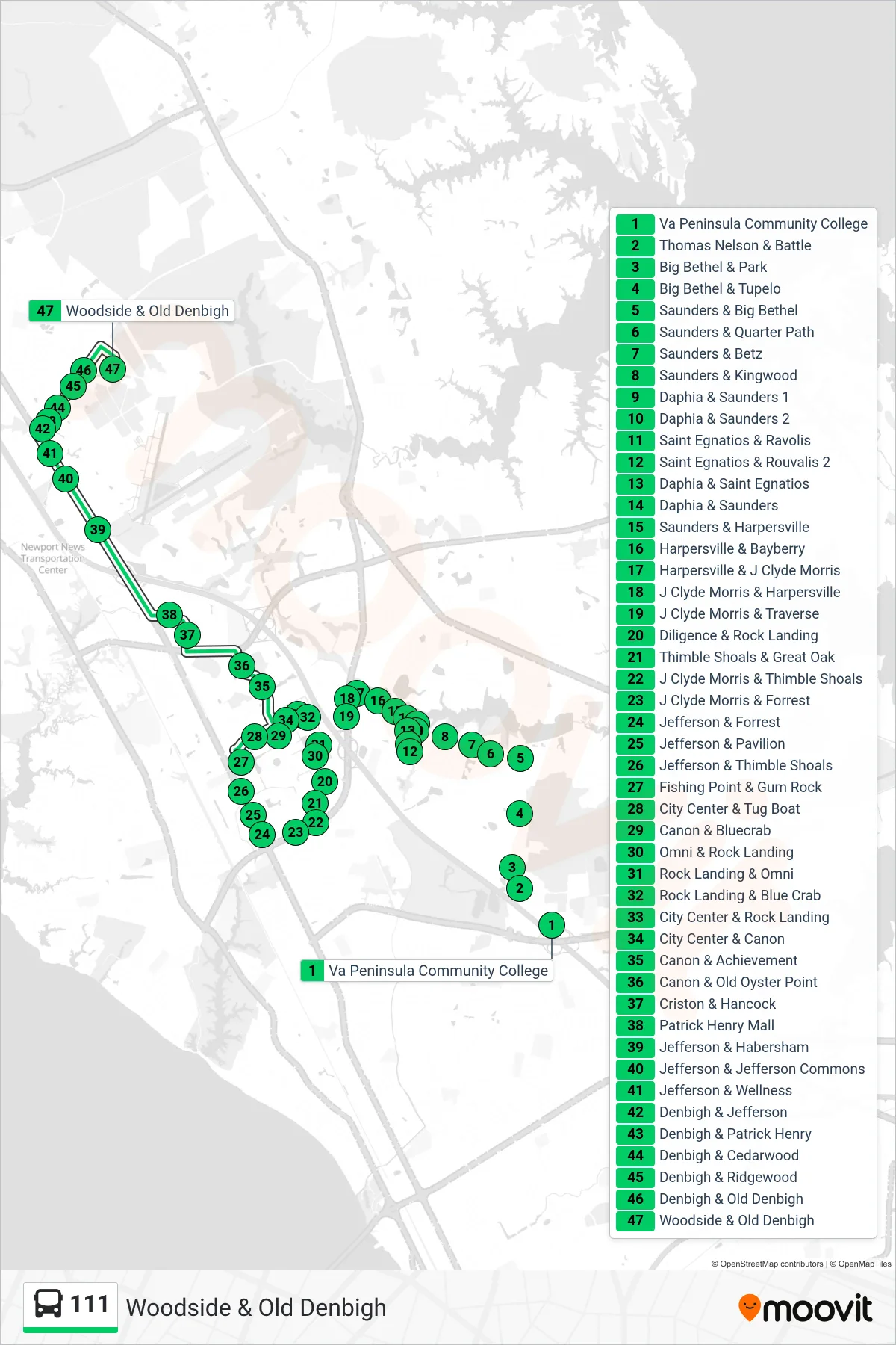 111 bus Line (Woodside & Old Denbigh) route and stops on a map