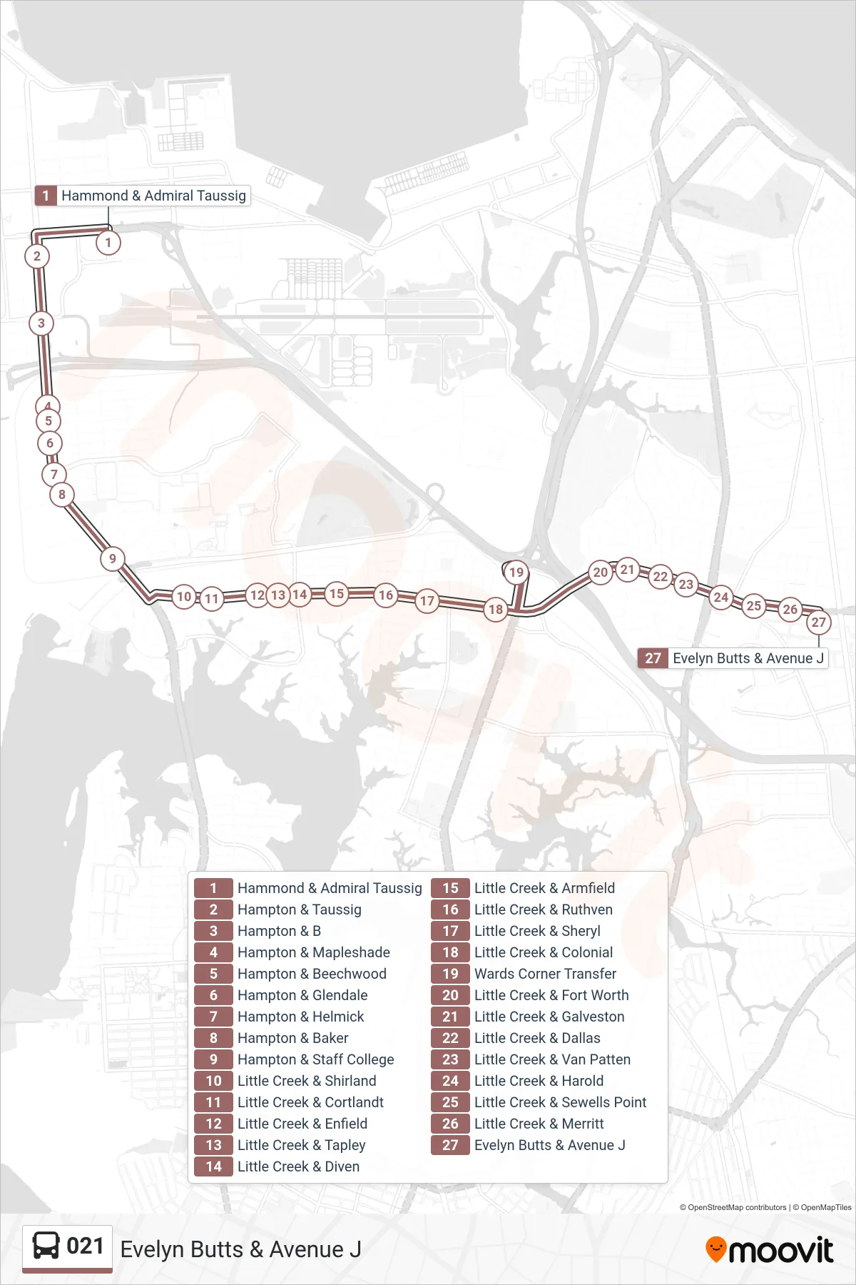 021 bus Line (Evelyn Butts & Avenue J) route and stops on a map