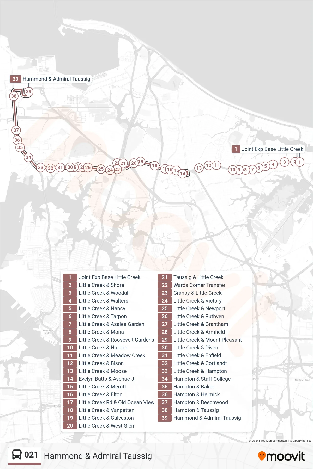 021 bus Line (Hammond & Admiral Taussig) route and stops on a map