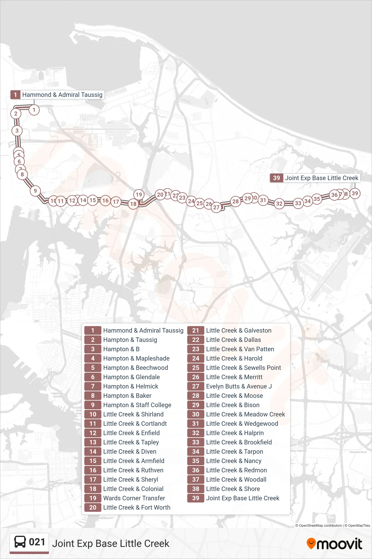 021 bus Line (Joint Exp Base Little Creek) route and stops on a map
