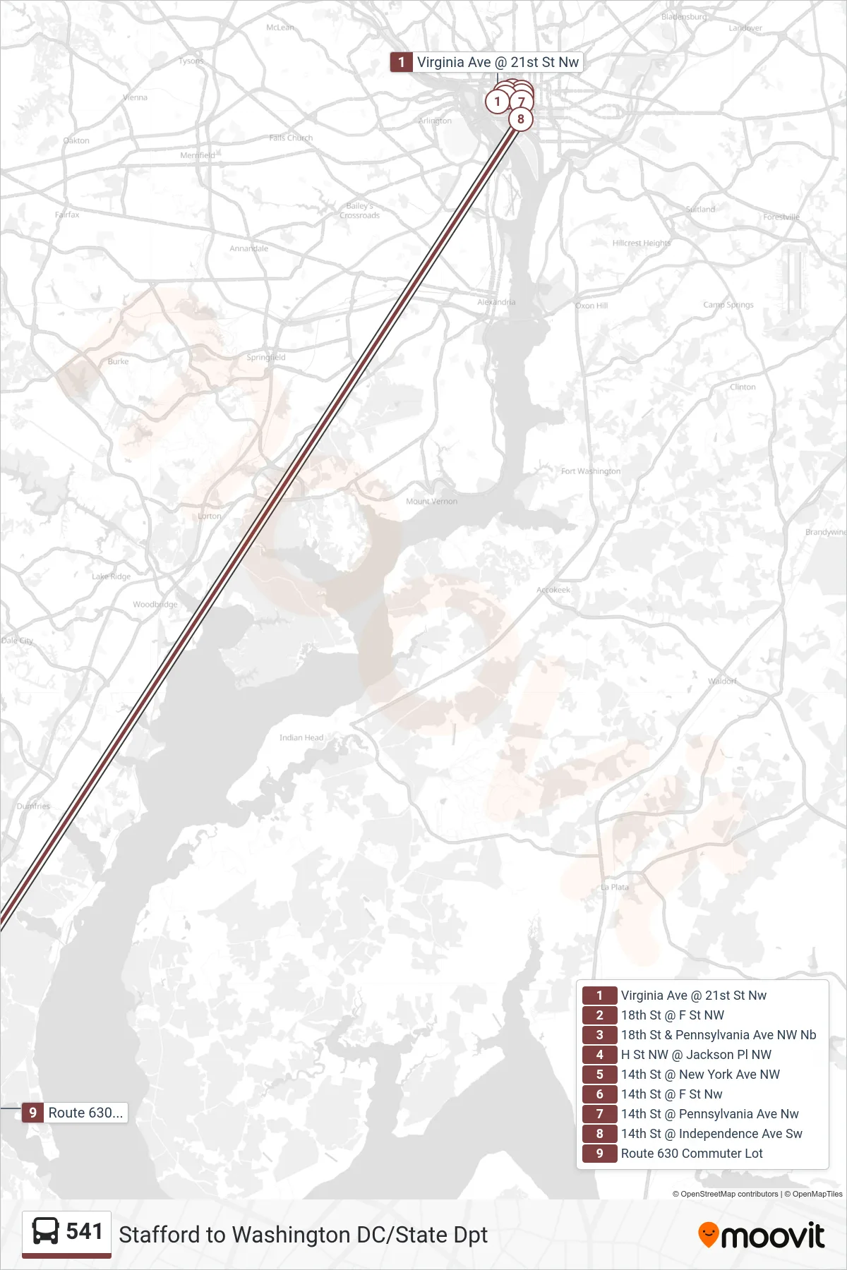 541 bus Line (541 - Route 630 Lot) route and stops on a map