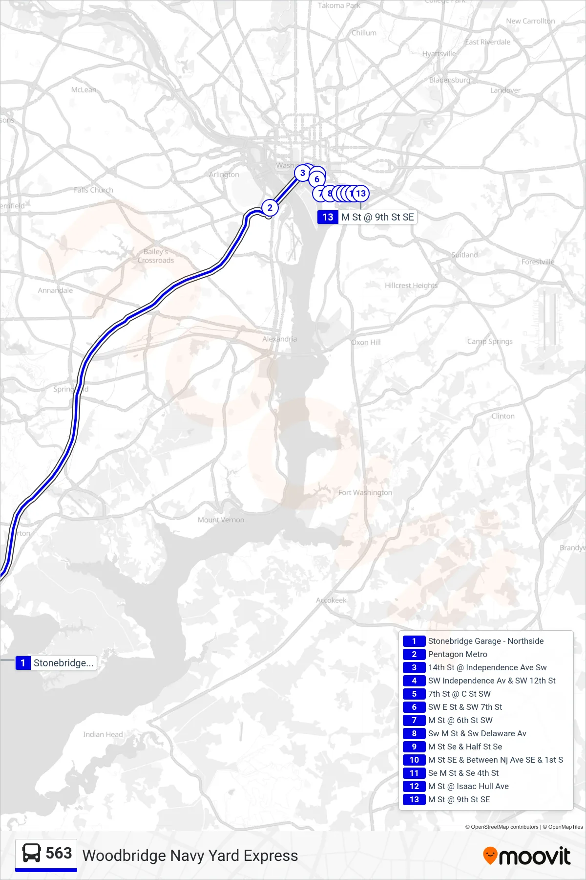 563 bus Line (Pentagon / L'Enfant Plaza / Navy Yard) route and stops on a map