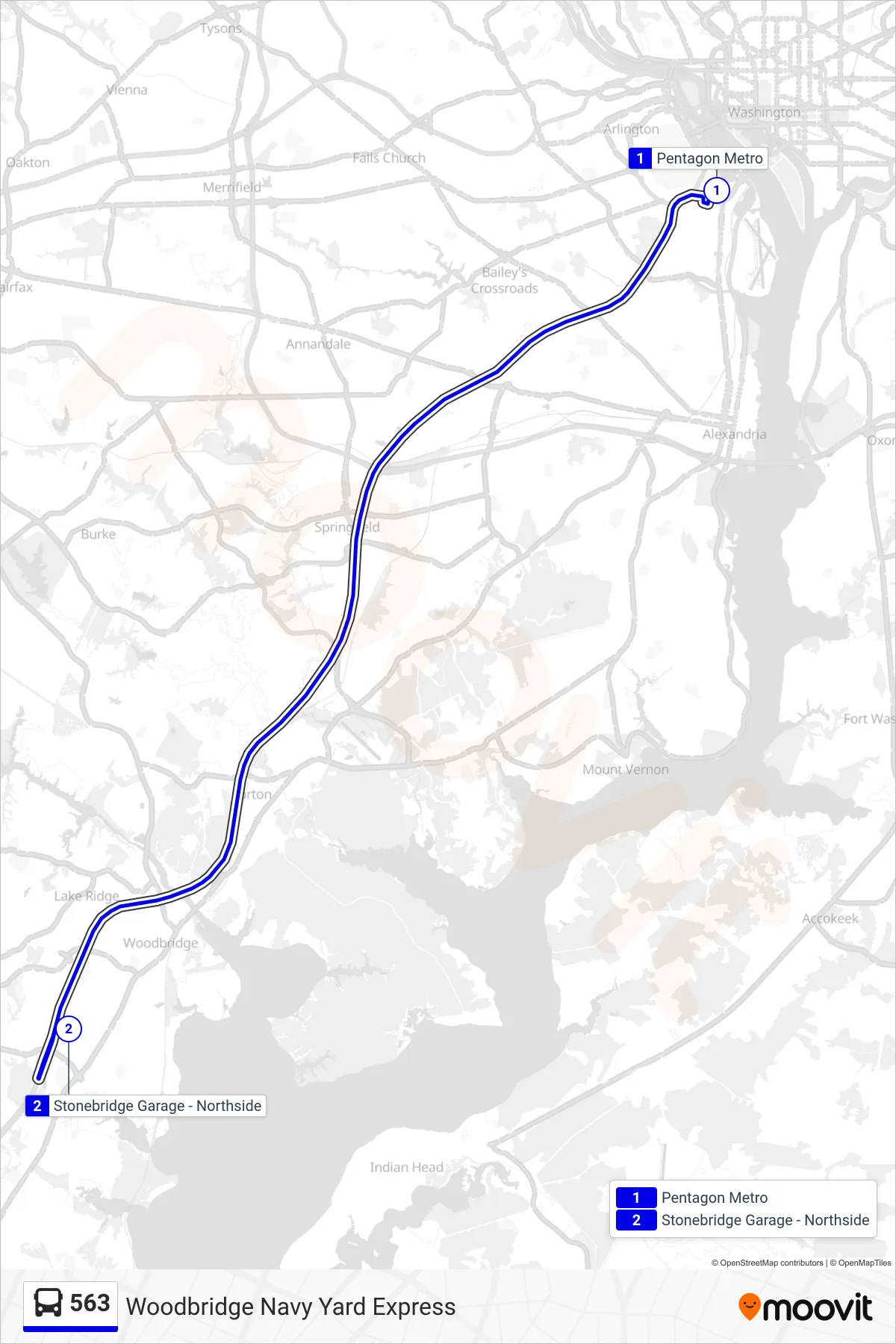 563 bus Line (Woodbridge - Neabsco Garage) route and stops on a map