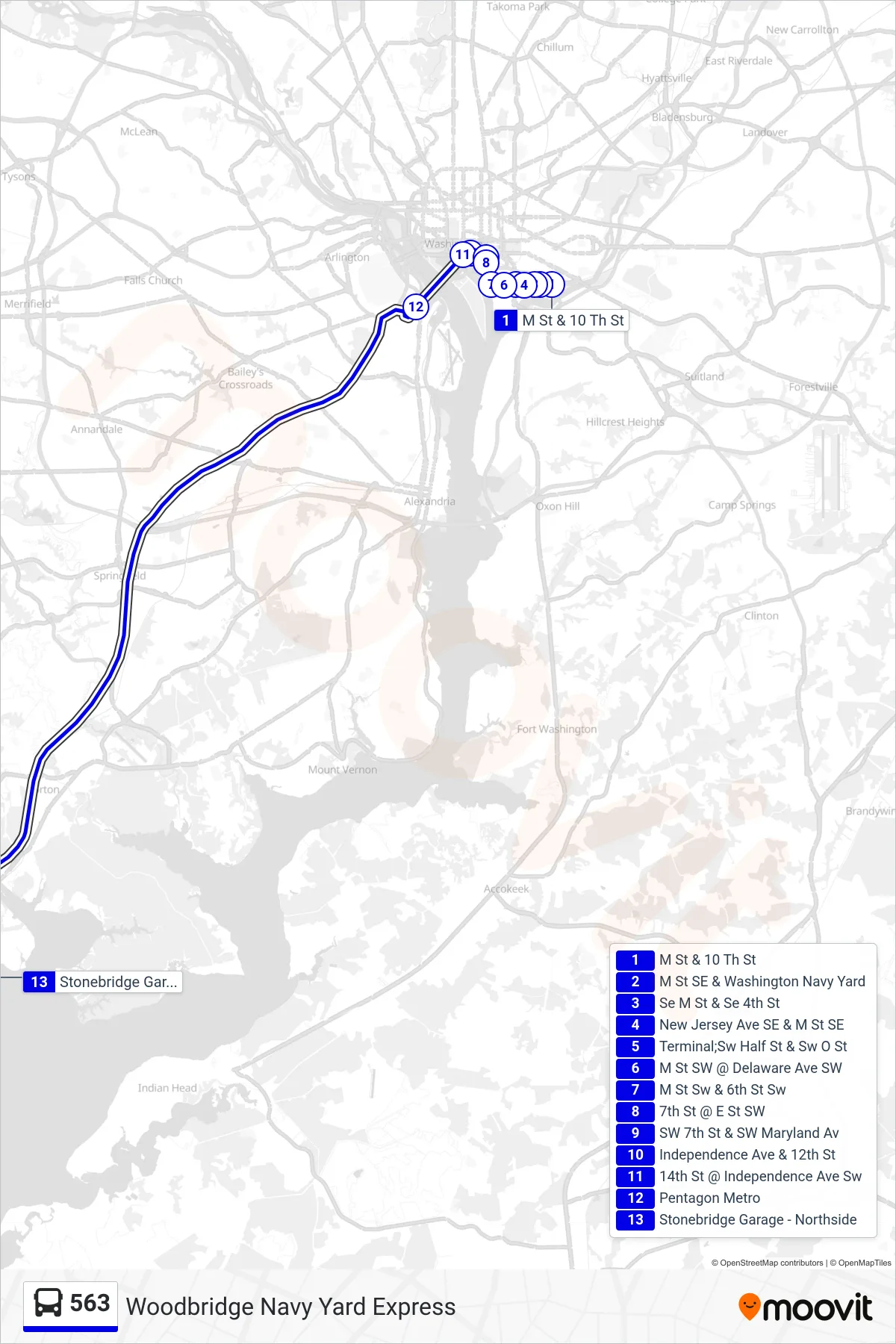 563 bus Line (Pentagon / Neabsco Garage) route and stops on a map