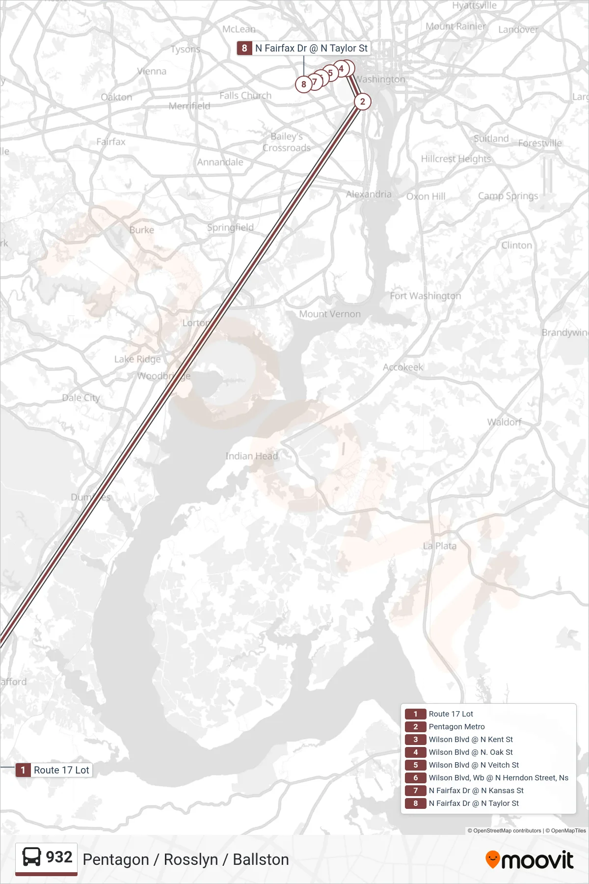932 bus Line (Pentagon / Rosslyn / Ballston) route and stops on a map