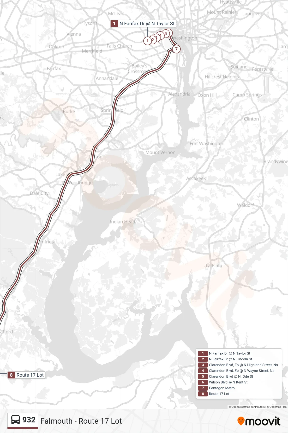 932 bus Line (Falmouth - Route 17 Lot) route and stops on a map