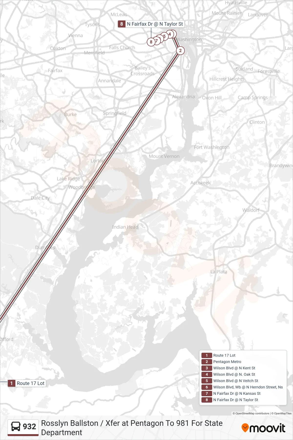 932 bus Line (Rosslyn Ballston / Xfer at Pentagon To 981 For State Department) route and stops on a map