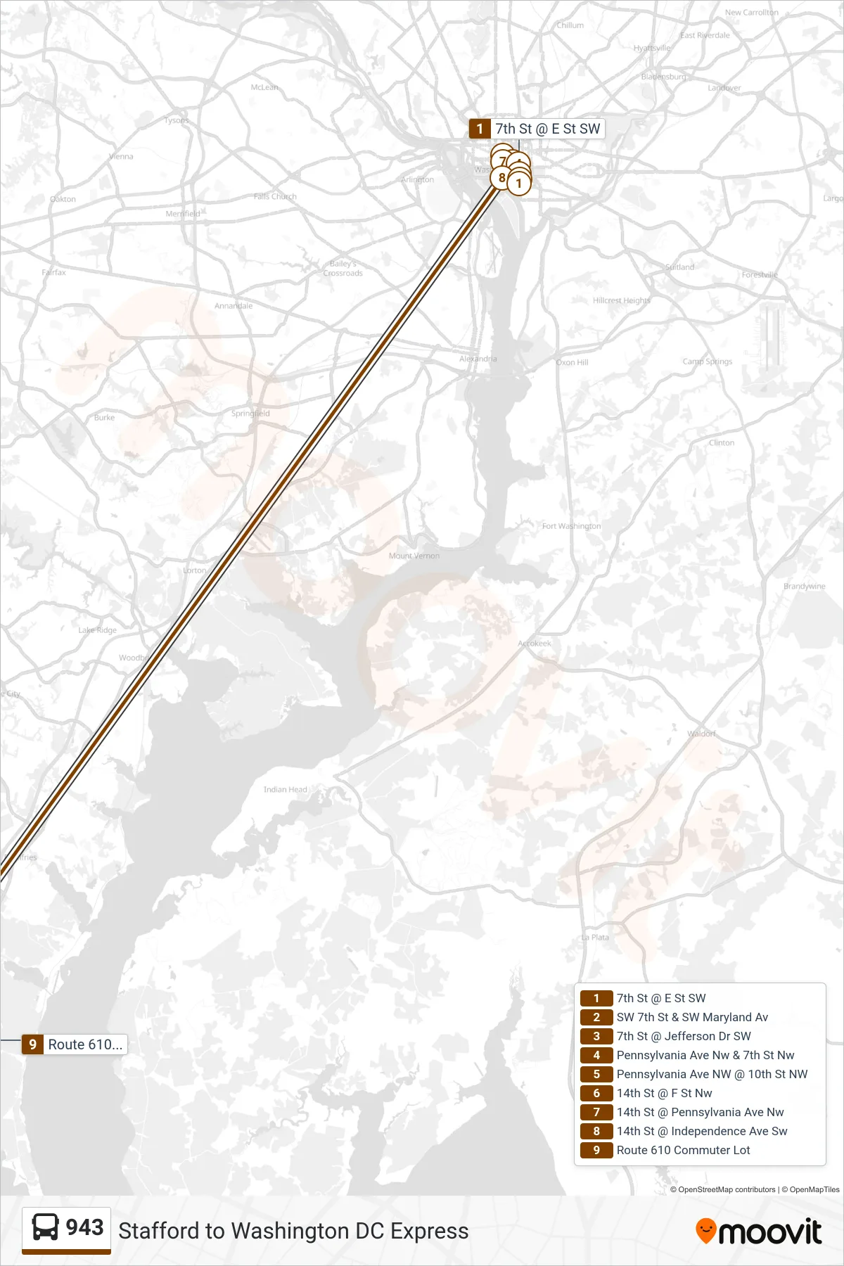 943 bus Line (543 - North Stafford - 610 Lot) route and stops on a map