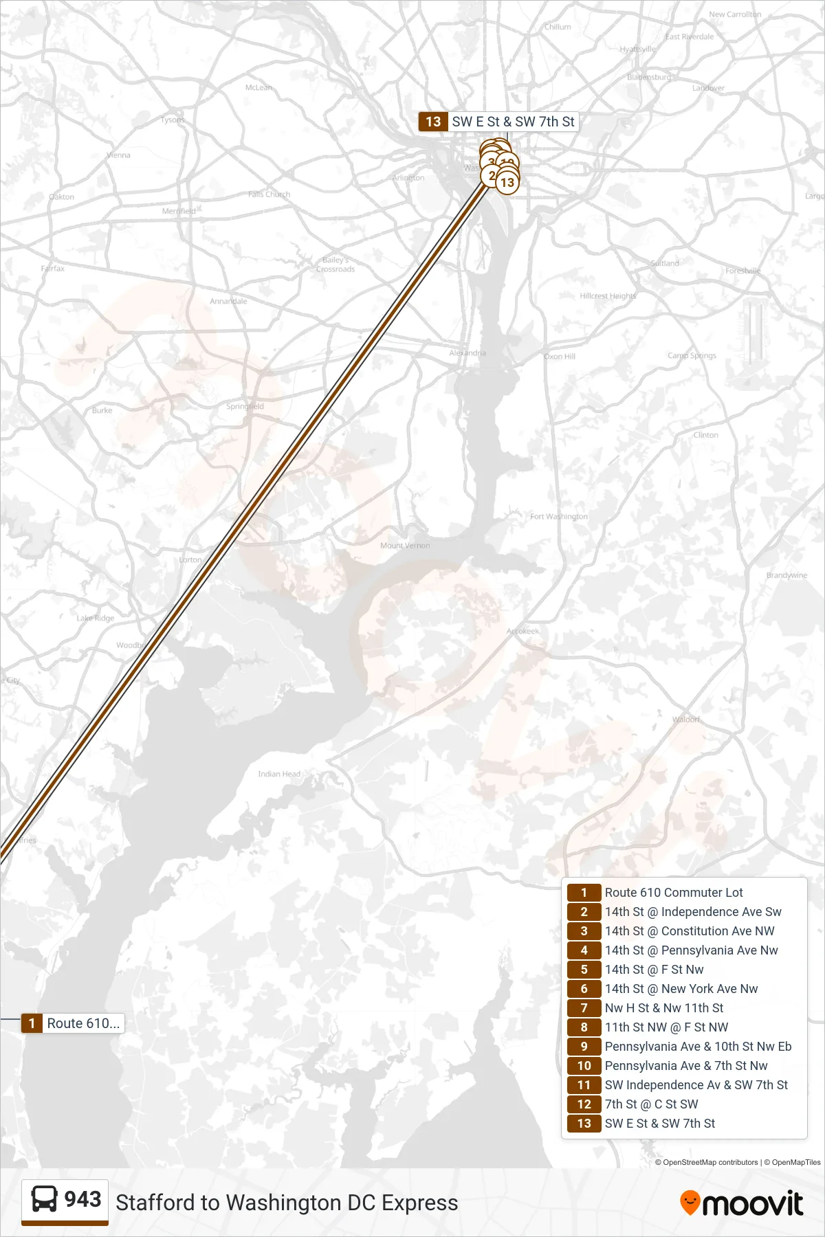 943 bus Line (543 - L'Enfant Plaza - Washington, Dc) route and stops on a map