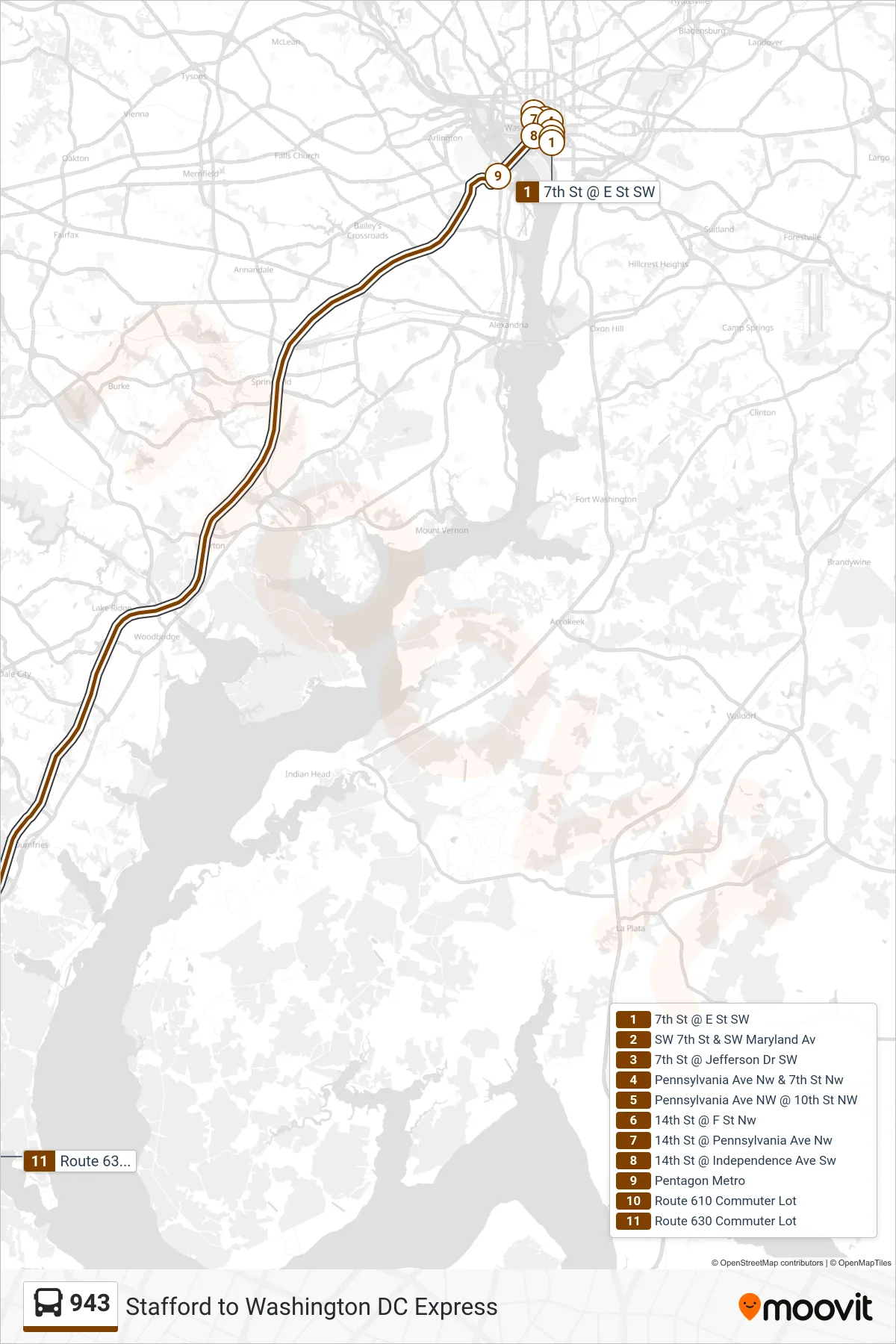943 bus Line (Pentagon / Staffordboro Lot) route and stops on a map