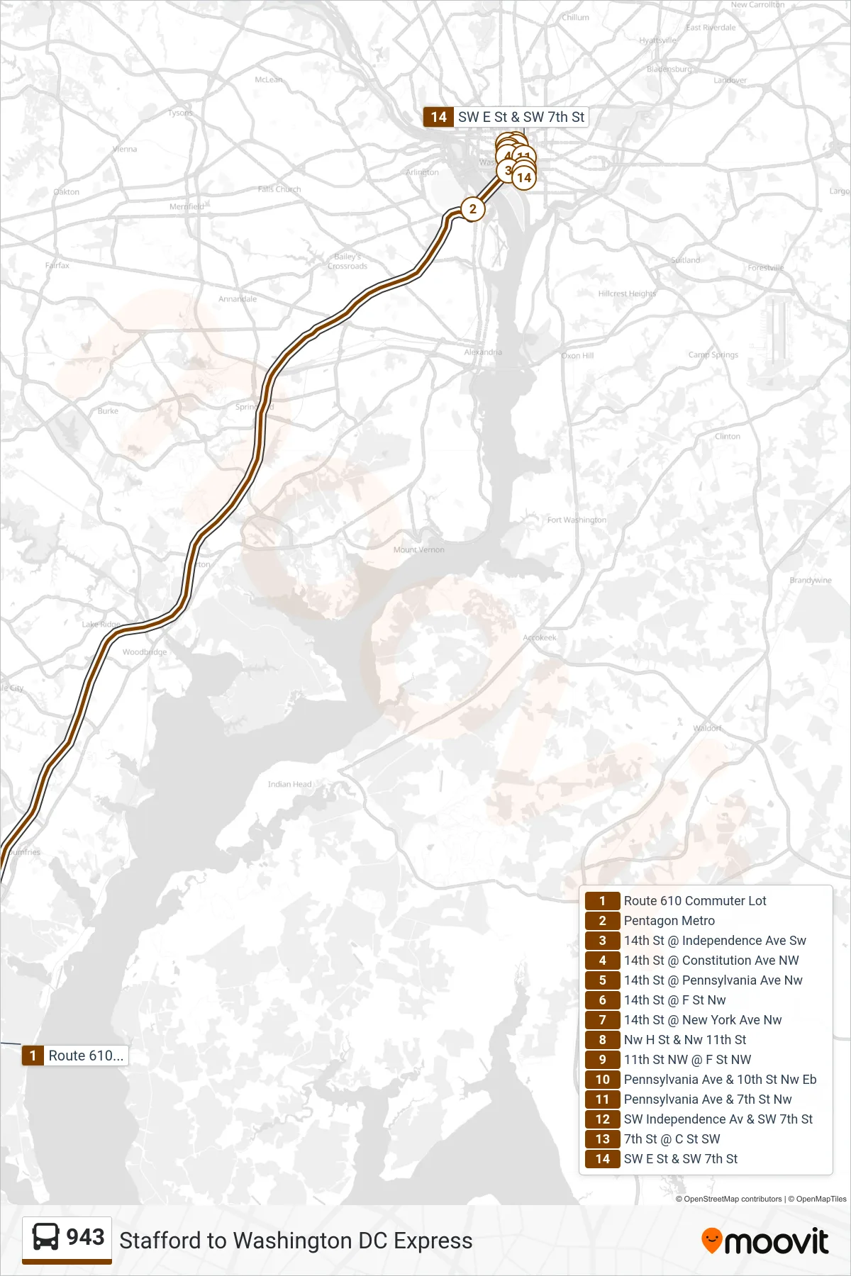 943 bus Line (Pentagon / L'Enfant Plaza / Washington, Dc) route and stops on a map