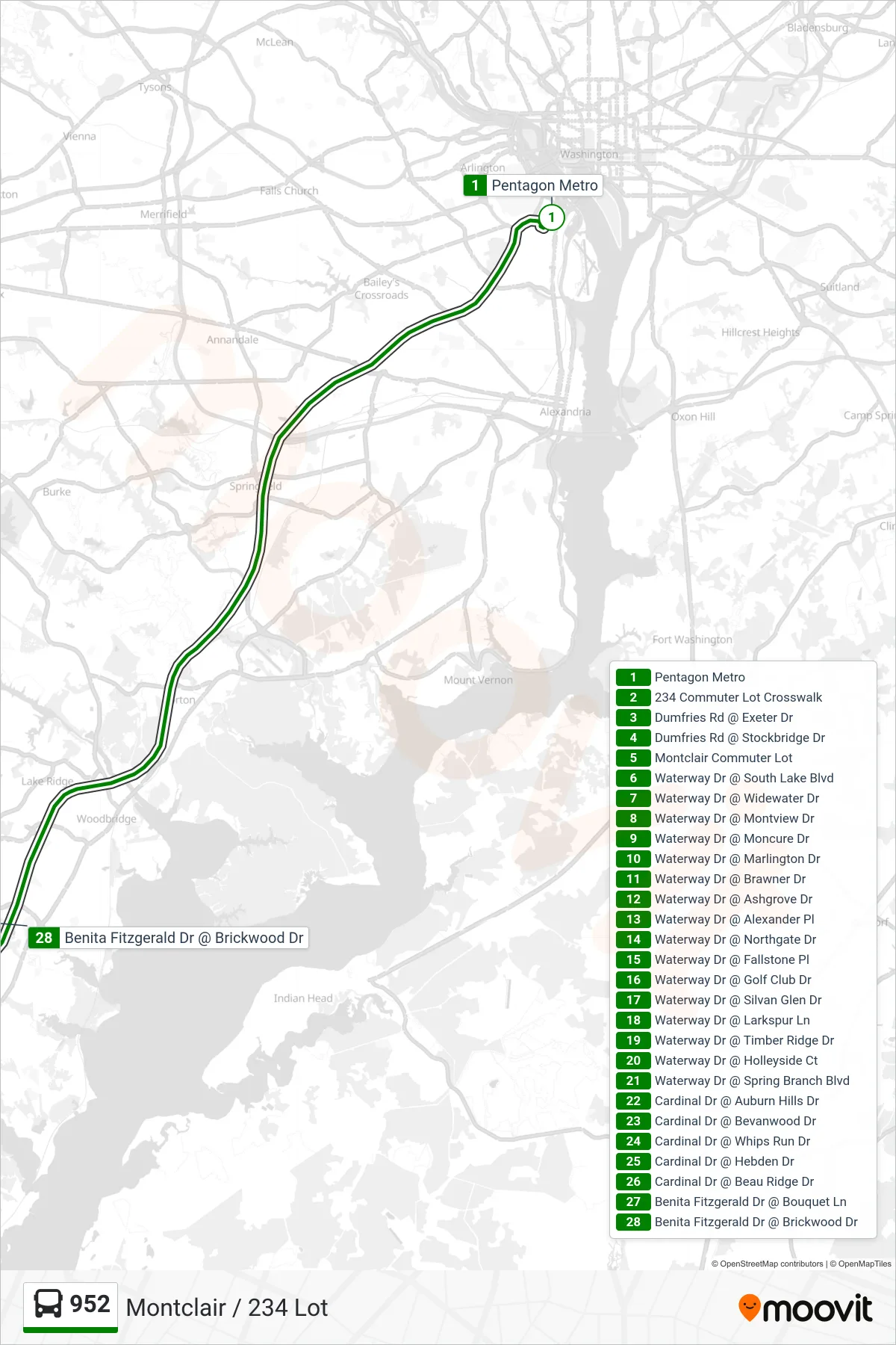 952 bus Line (Montclair / 234 Lot) route and stops on a map