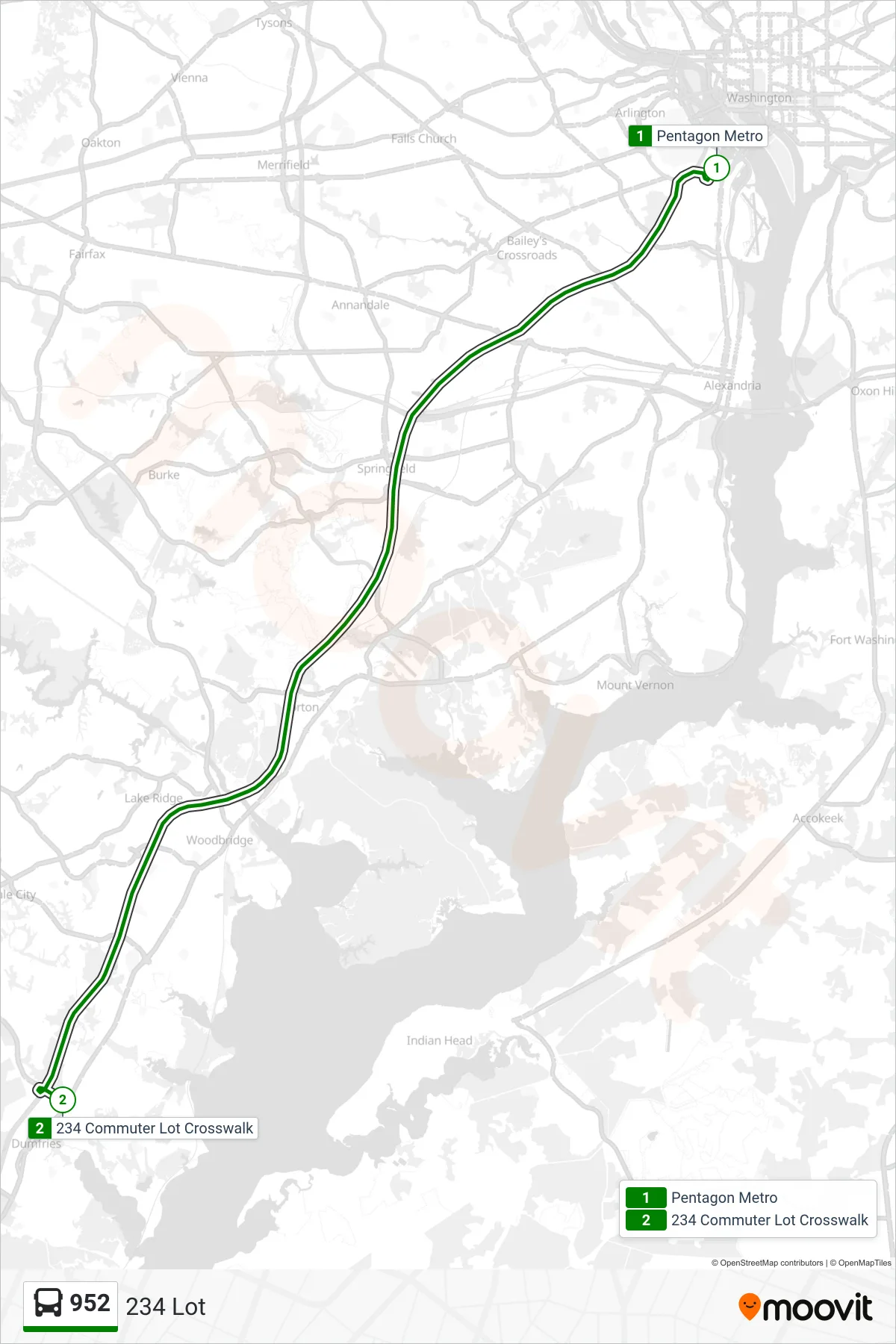 952 bus Line (234 Lot) route and stops on a map