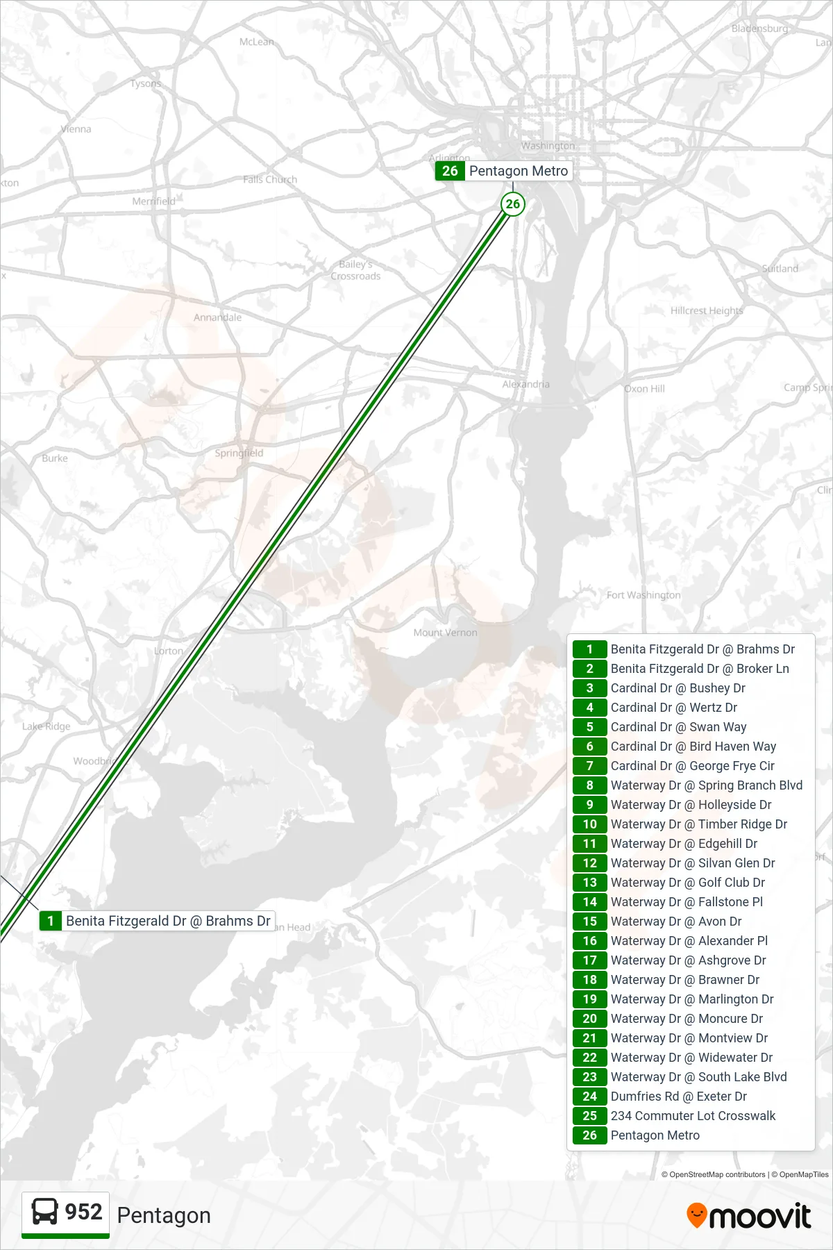 952 bus Line (Pentagon) route and stops on a map