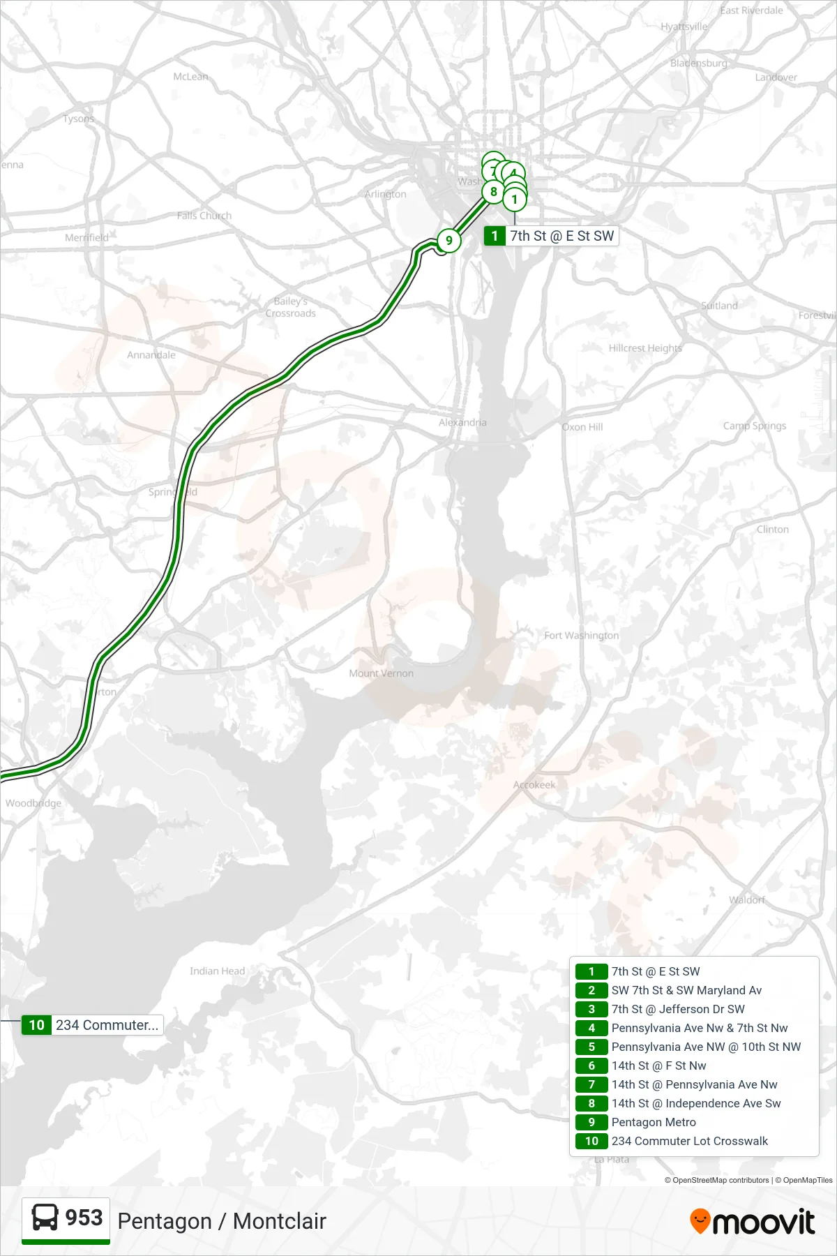 953 bus Line (Pentagon / Montclair) route and stops on a map