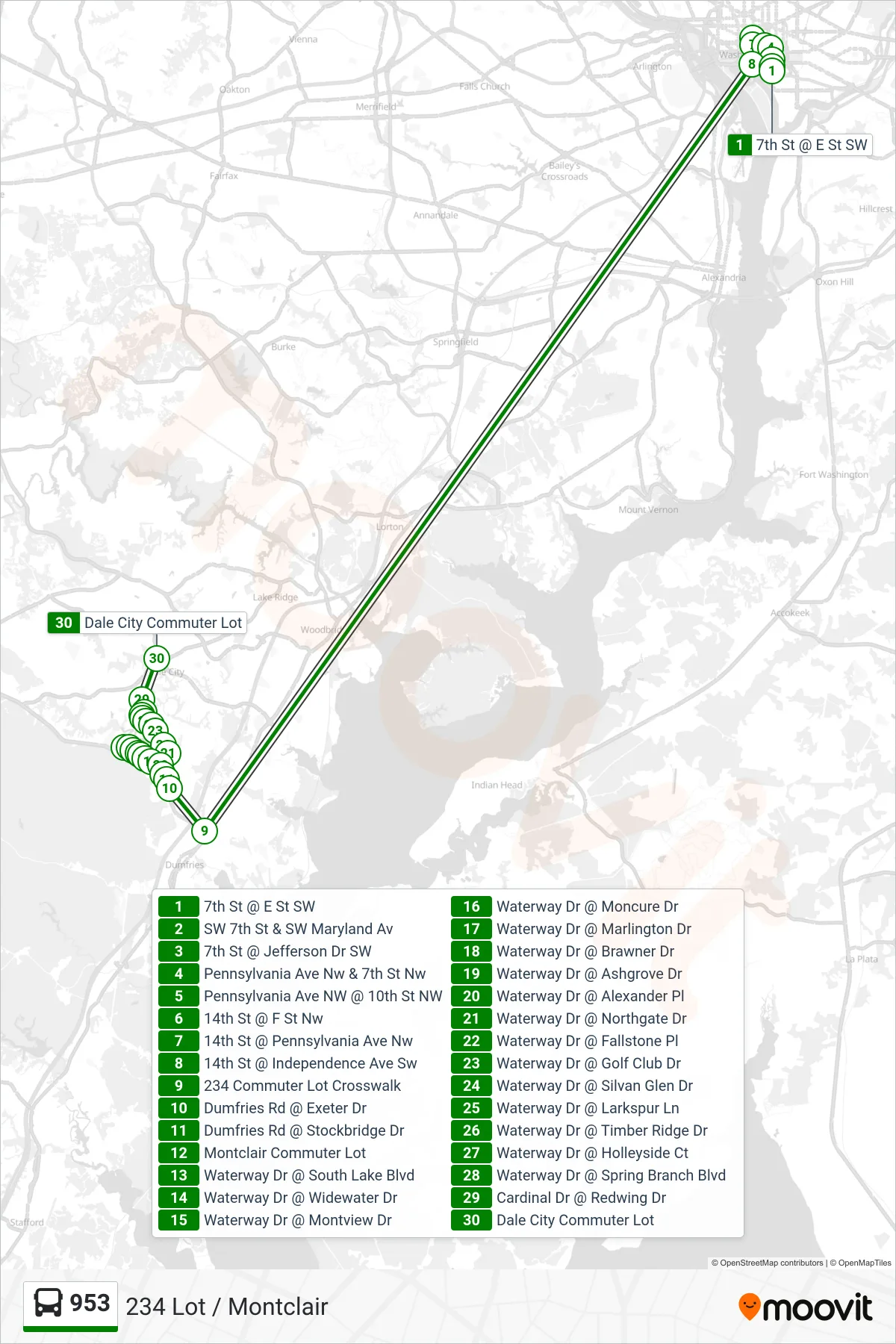 953 bus Line (234 Lot / Montclair) route and stops on a map