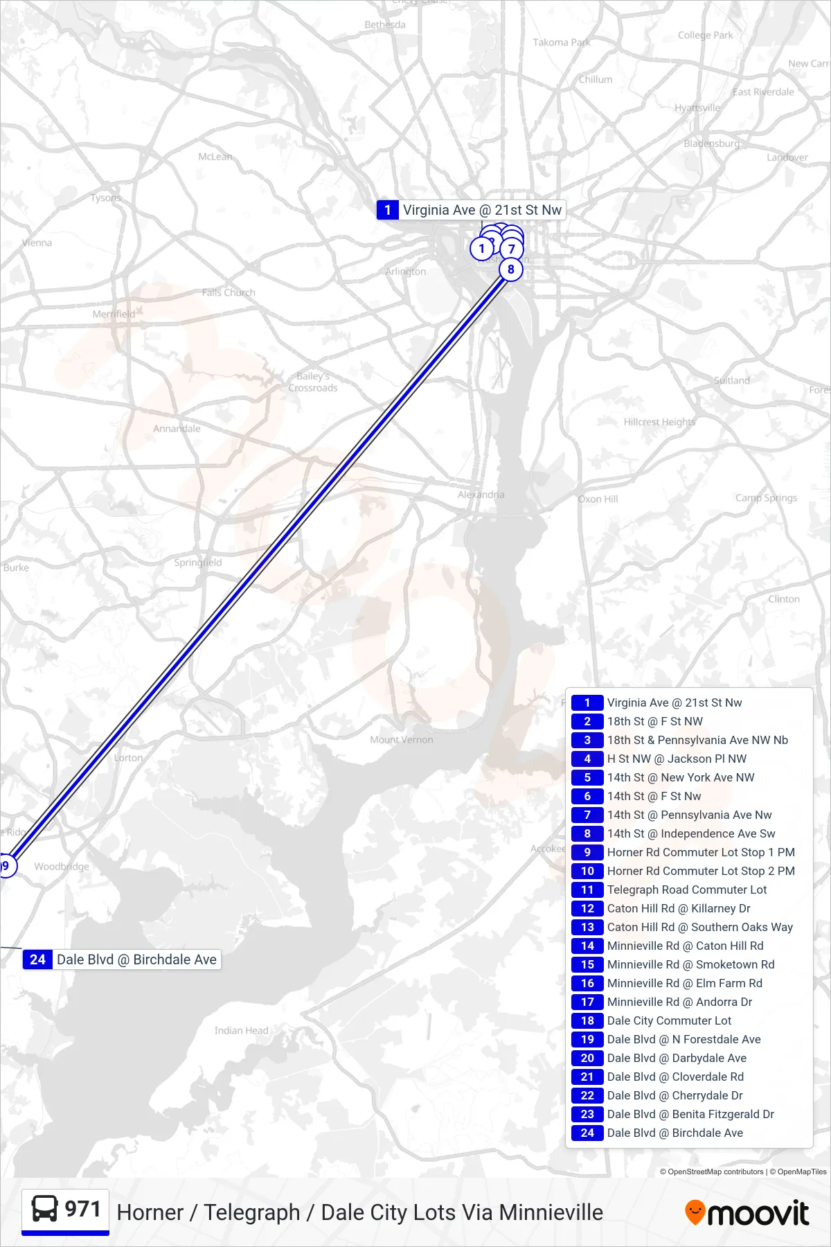 971 bus Line (Horner / Telegraph / Dale City Lots Via Minnieville) route and stops on a map
