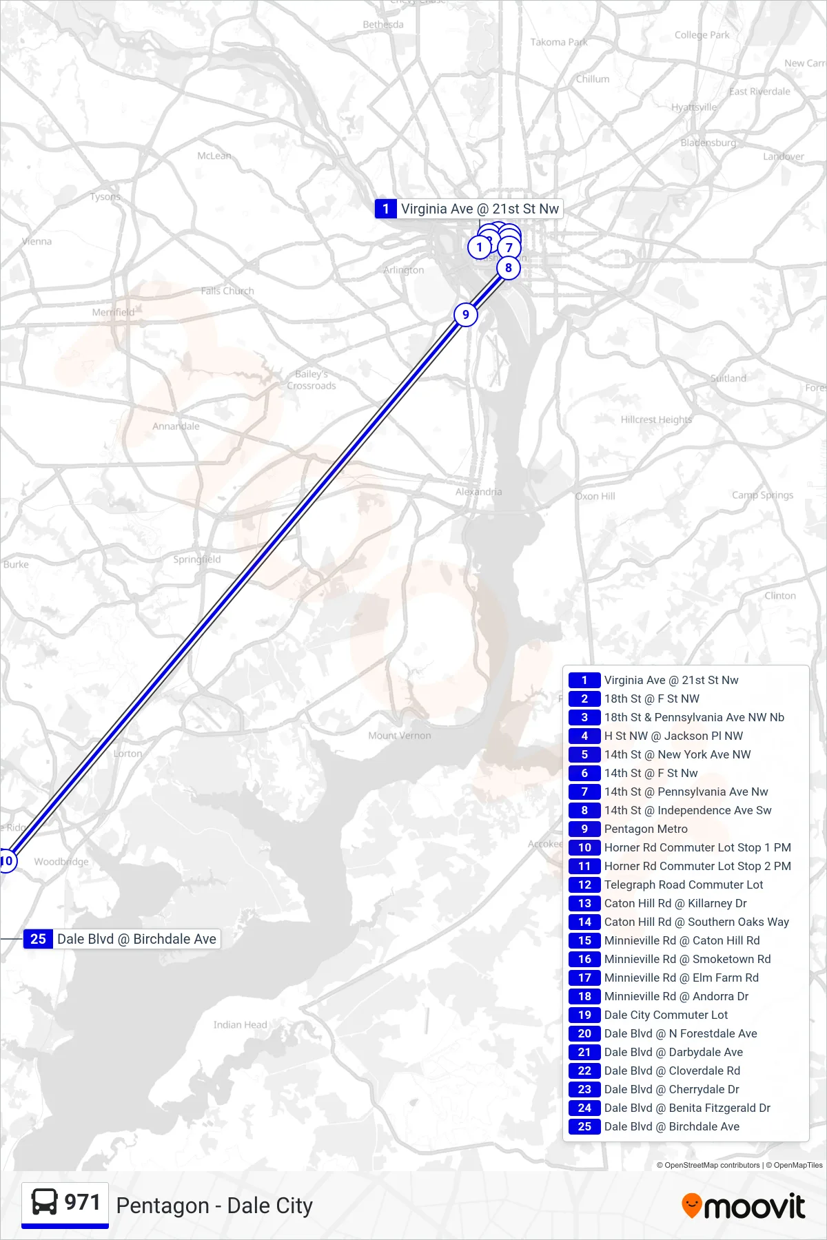 971 bus Line (Pentagon - Dale City) route and stops on a map