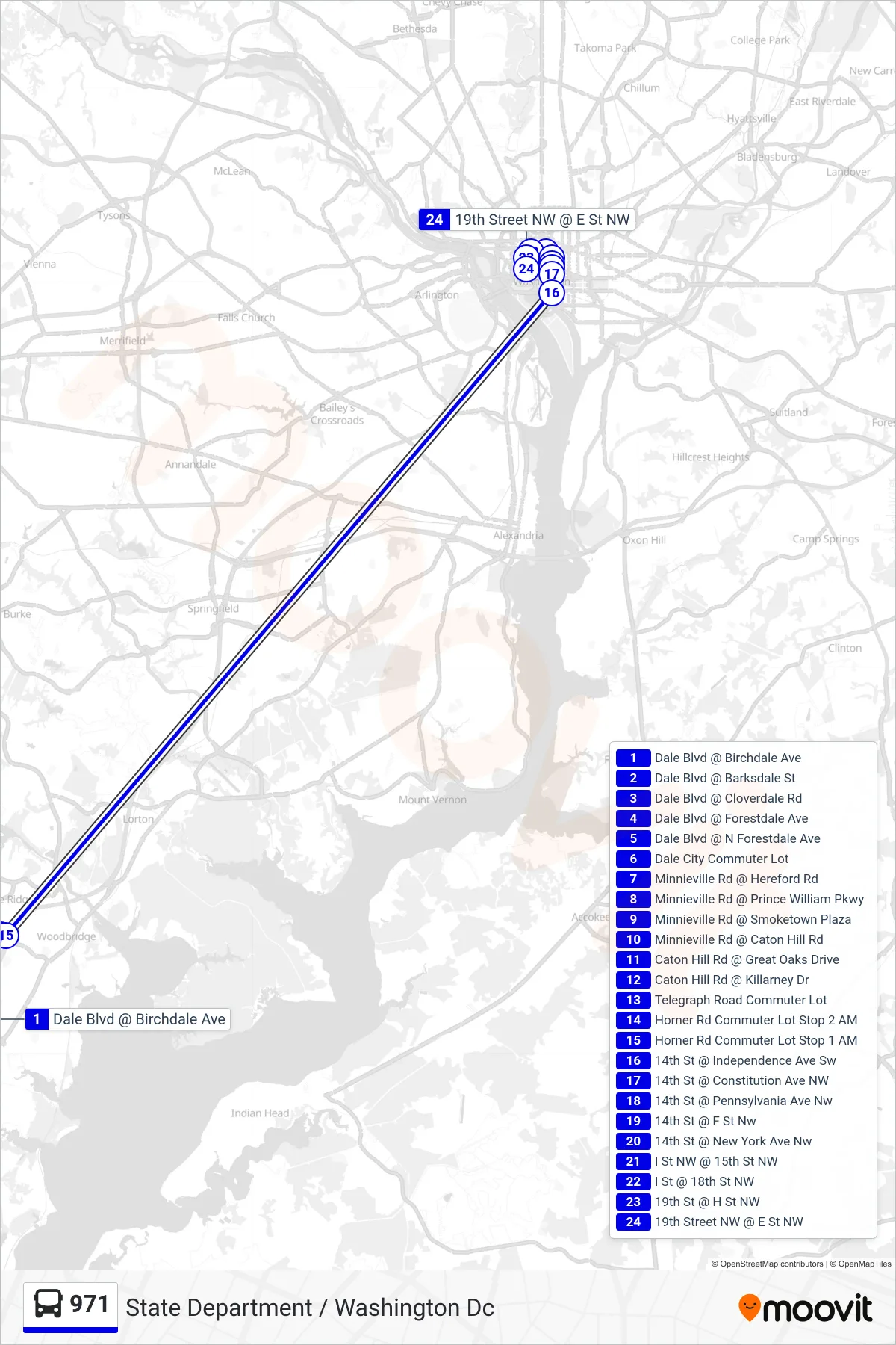 971 bus Line (State Department / Washington Dc) route and stops on a map