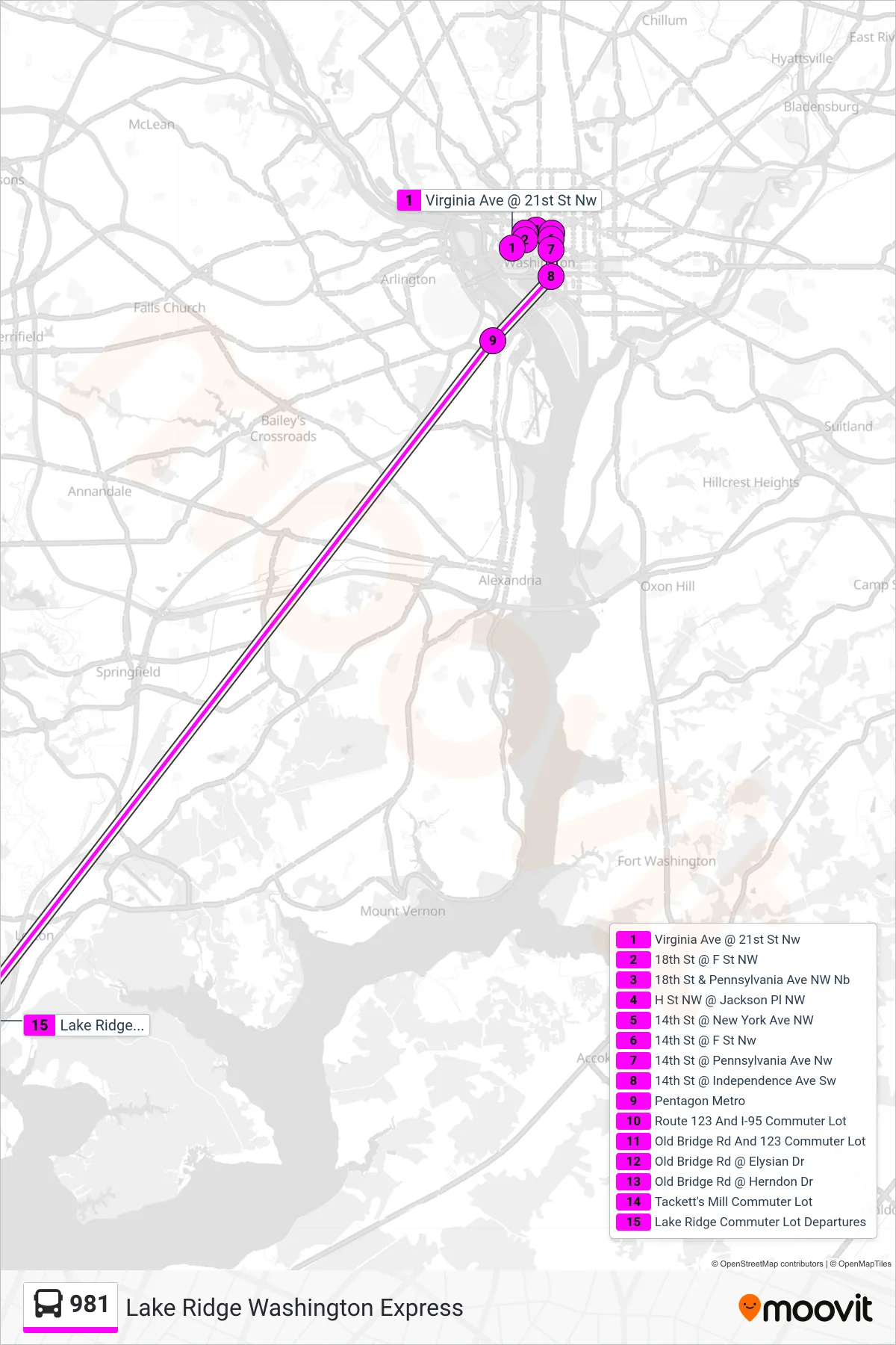 981 bus Line (Lake Ridge) route and stops on a map