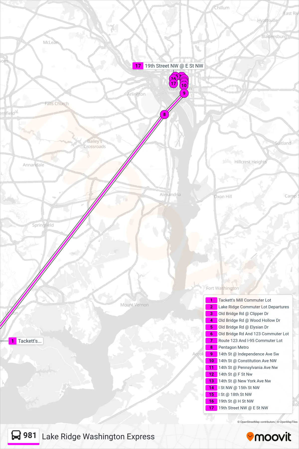 981 bus Line (Pentagon / State Department / Washington Dc) route and stops on a map