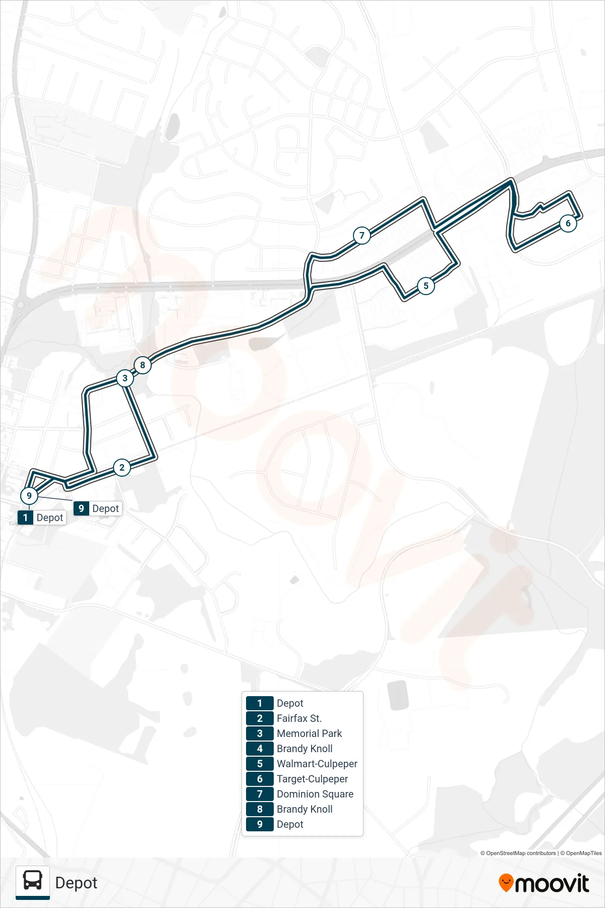 CULPEPER EXPRESS bus Line (Depot) route and stops on a map
