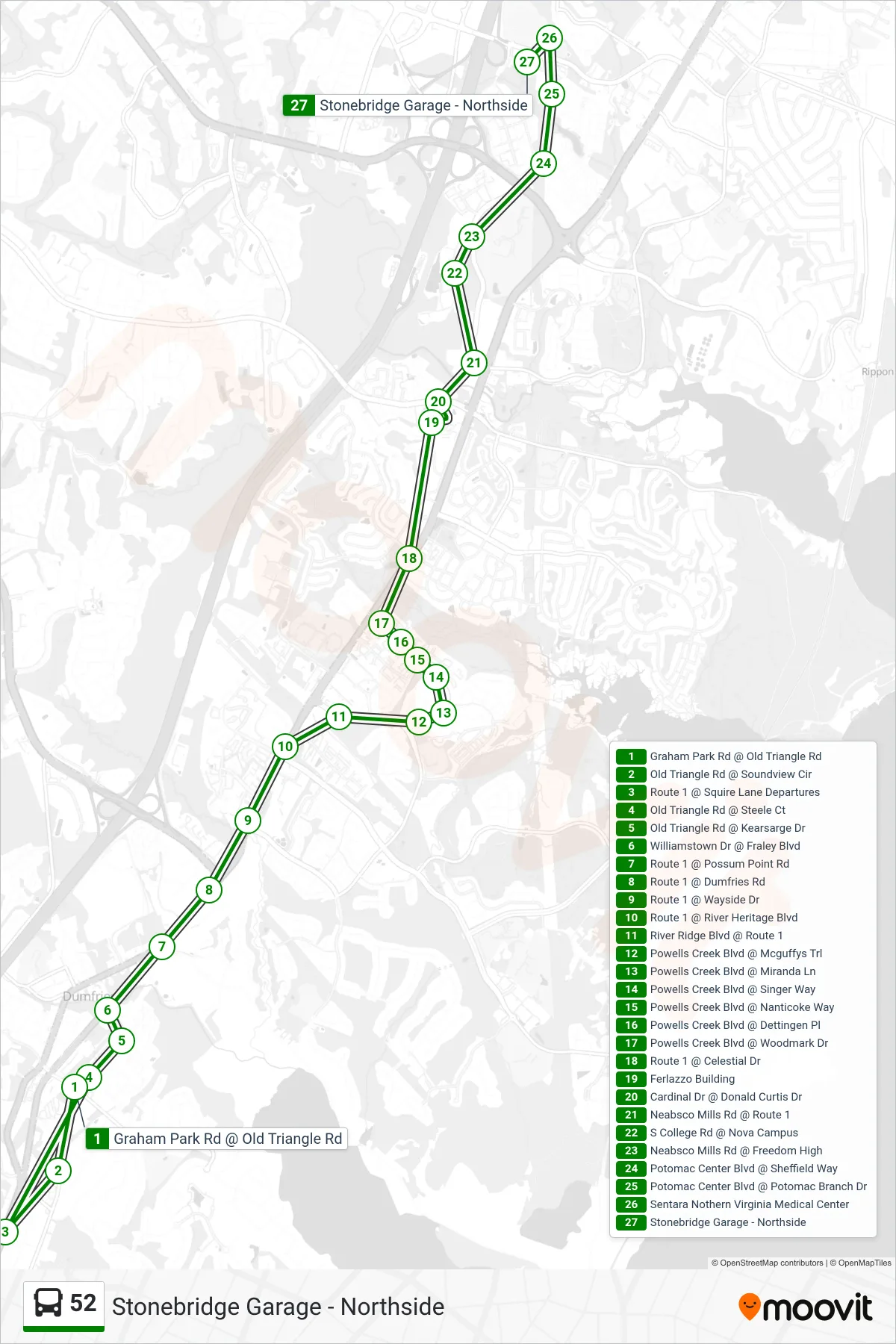 52 bus Line (Stonebridge Garage - Northside) route and stops on a map