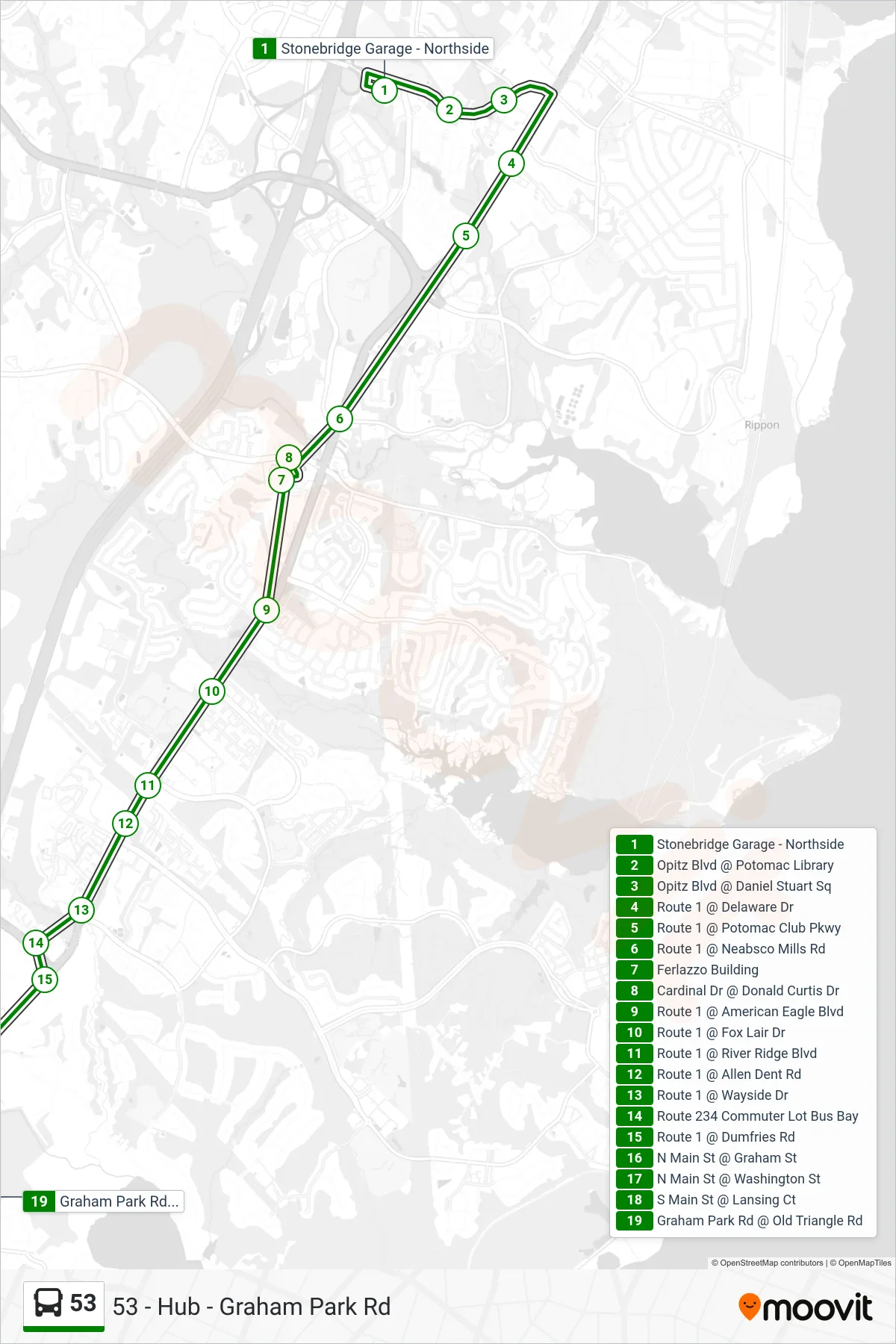 53 bus Line (53 - Hub - Graham Park Rd) route and stops on a map