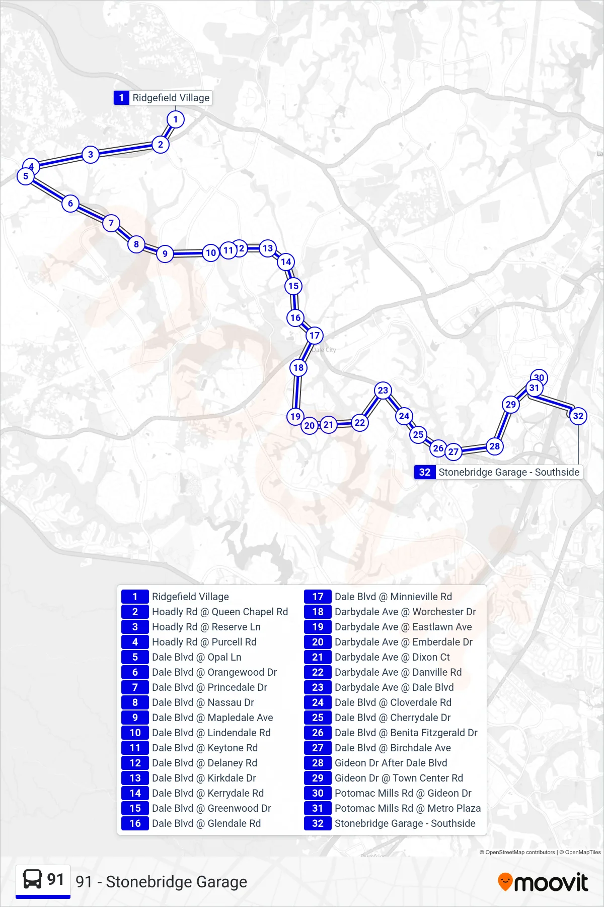 91 bus Line (91 - Stonebridge Garage) route and stops on a map