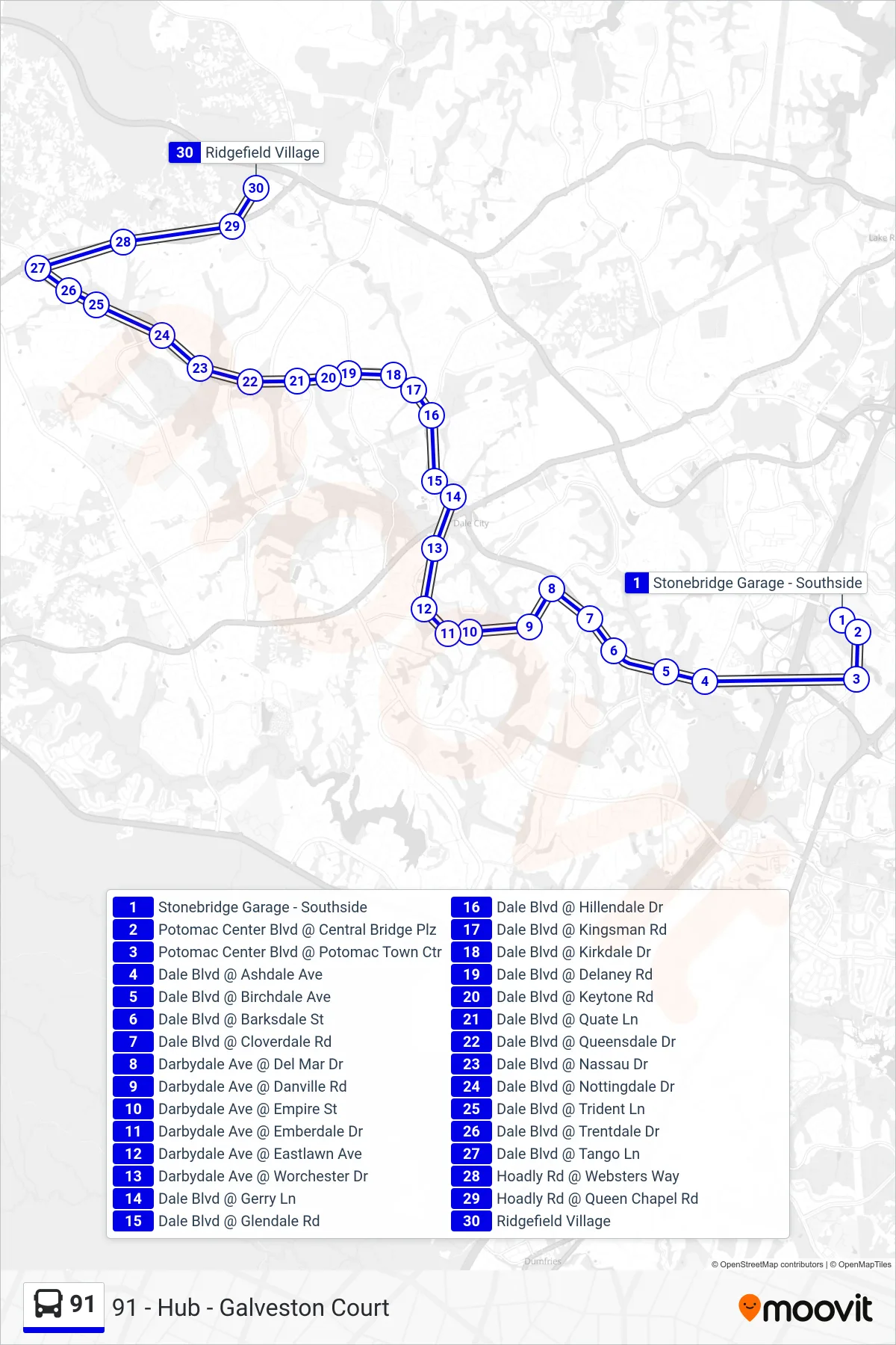 91 bus Line (91 - Hub - Galveston Court) route and stops on a map