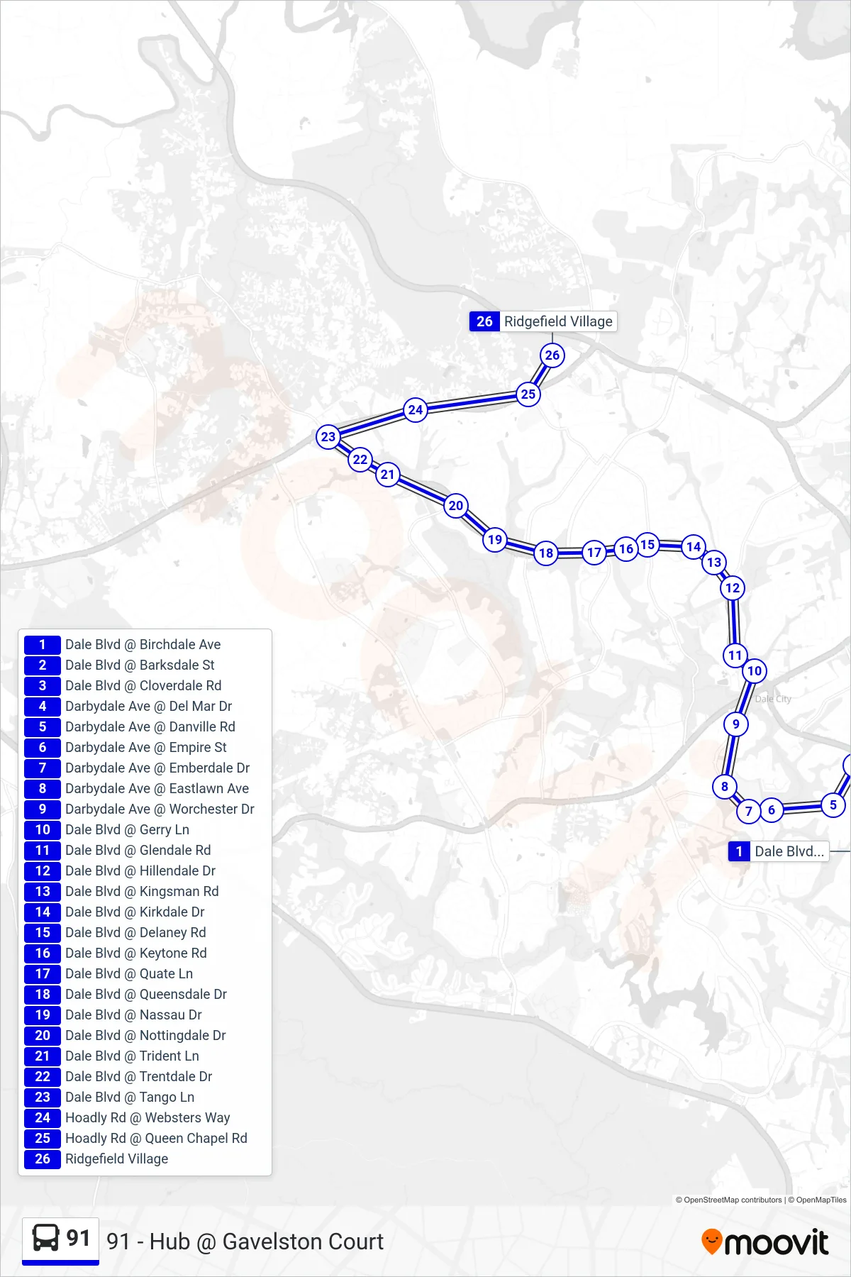91 bus Line (91 - Hub @ Gavelston Court) route and stops on a map