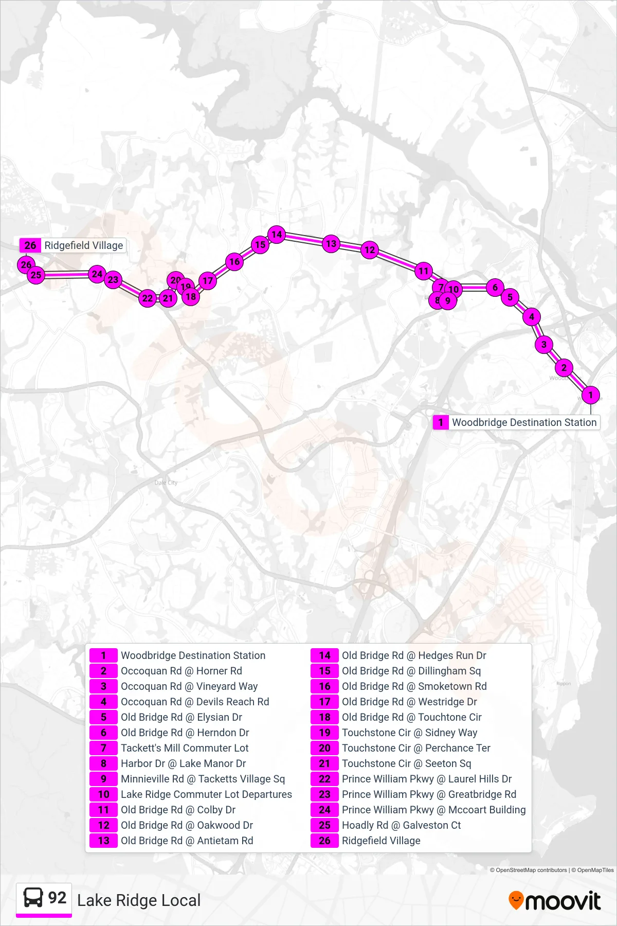 92 bus Line (92 - Hub - Ridgefield Village) route and stops on a map