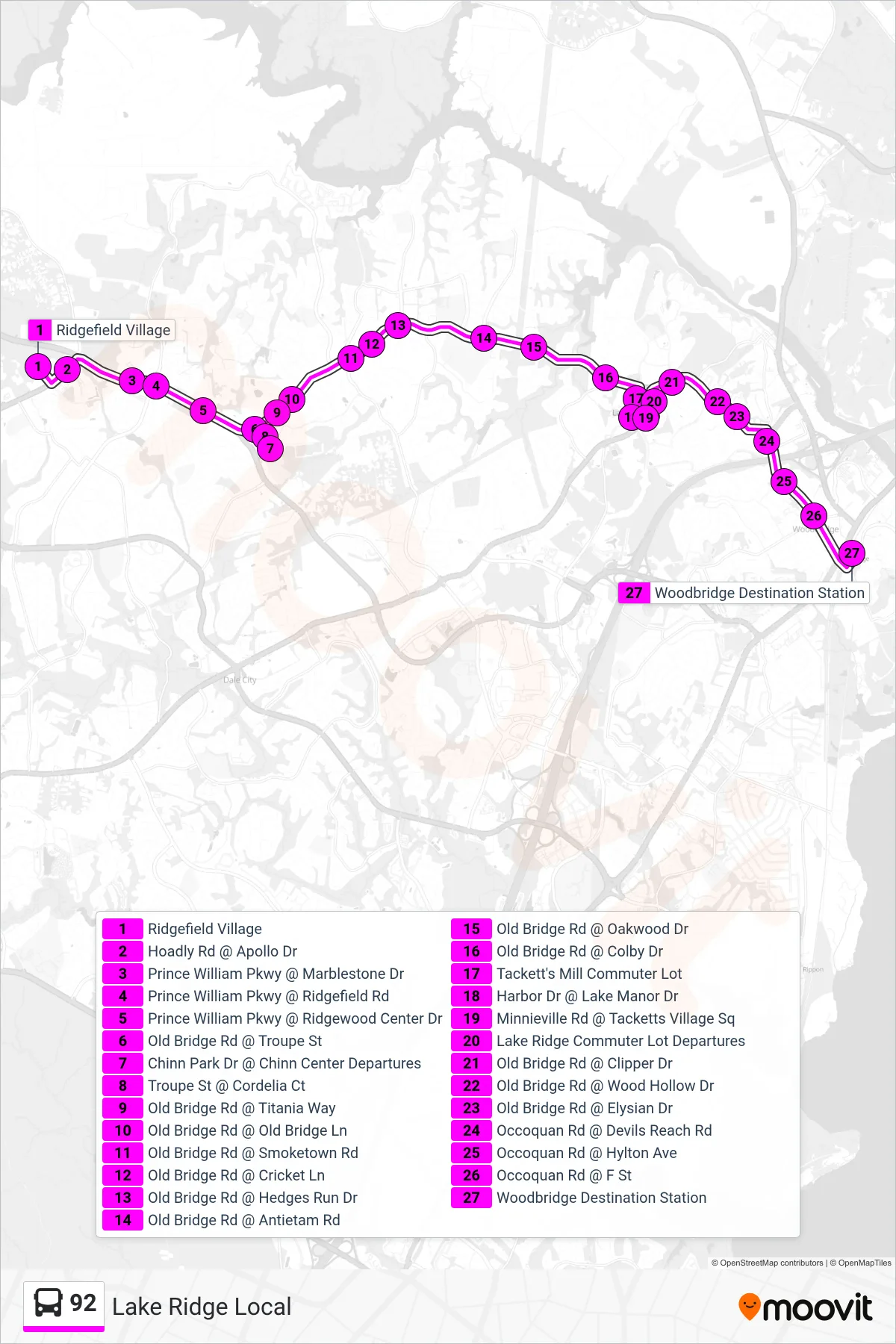 92 bus Line (92 - Hub - Woodbridge Vre) route and stops on a map