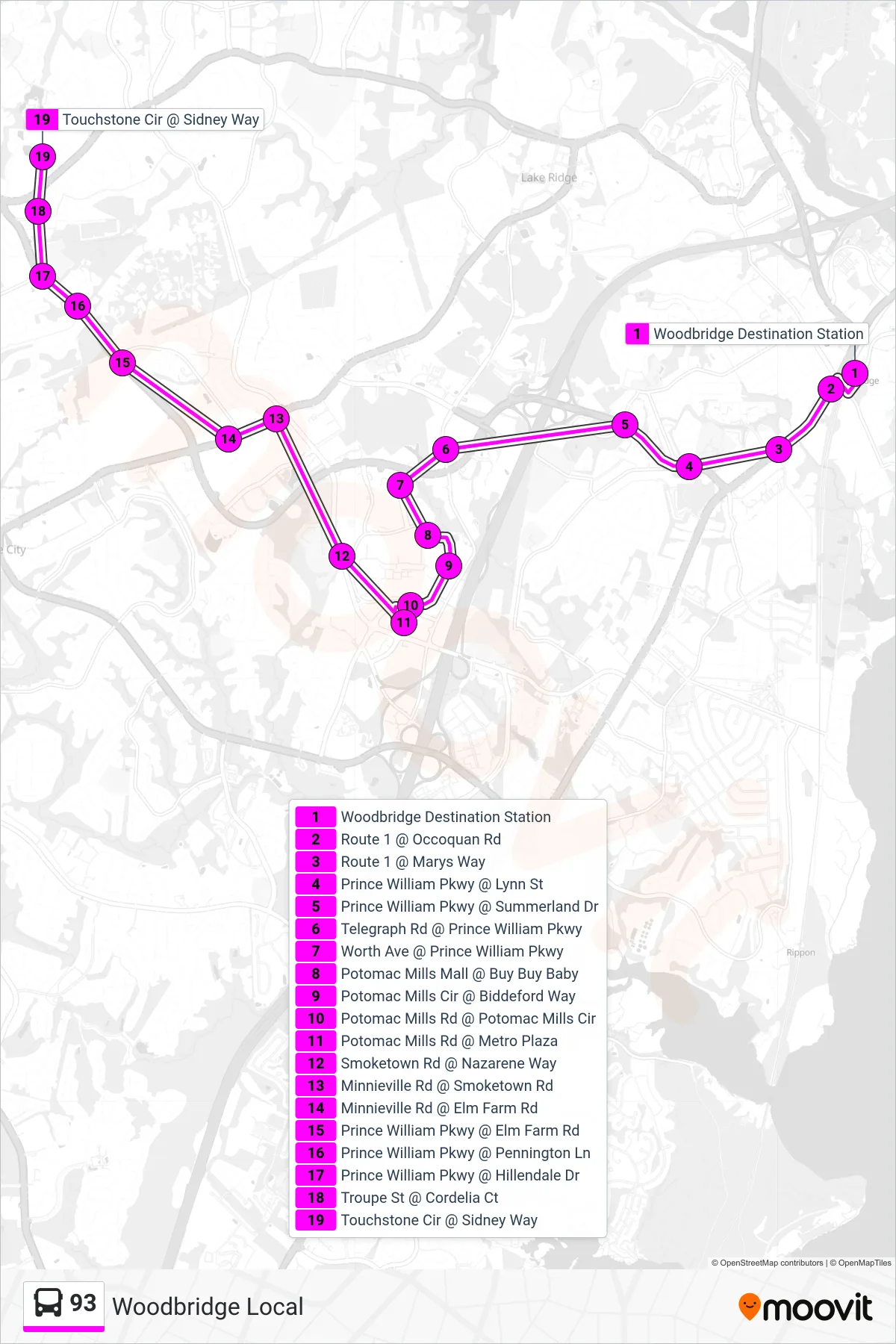 93 bus Line (93 - Chinn Center) route and stops on a map