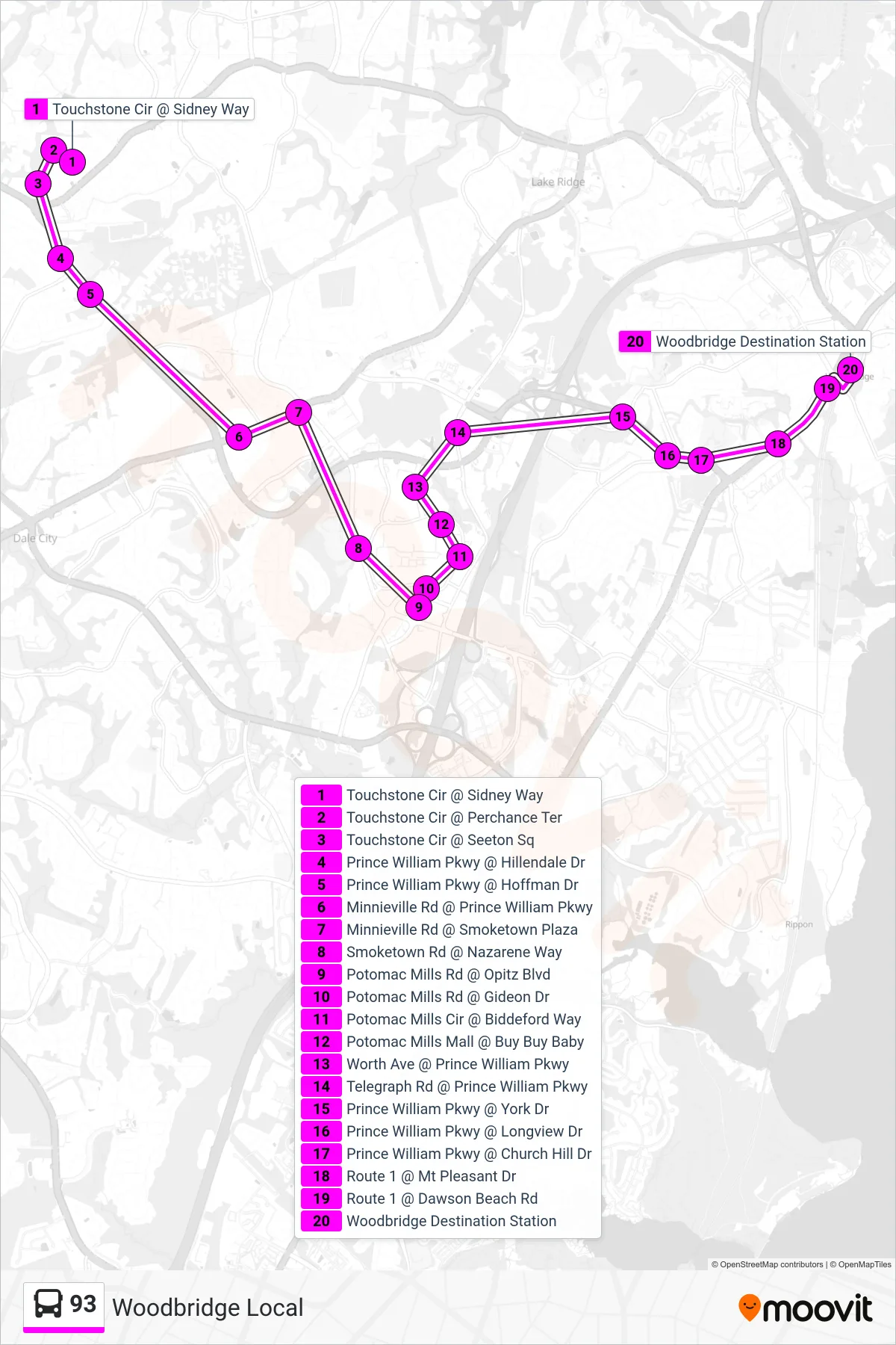 93 bus Line (93 - Woodbridge Vre) route and stops on a map