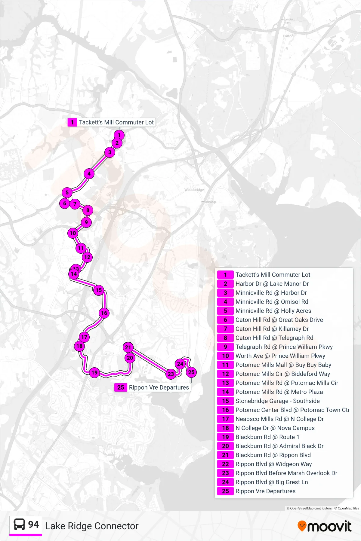 94 bus Line (94 - Rippon Vre Station) route and stops on a map