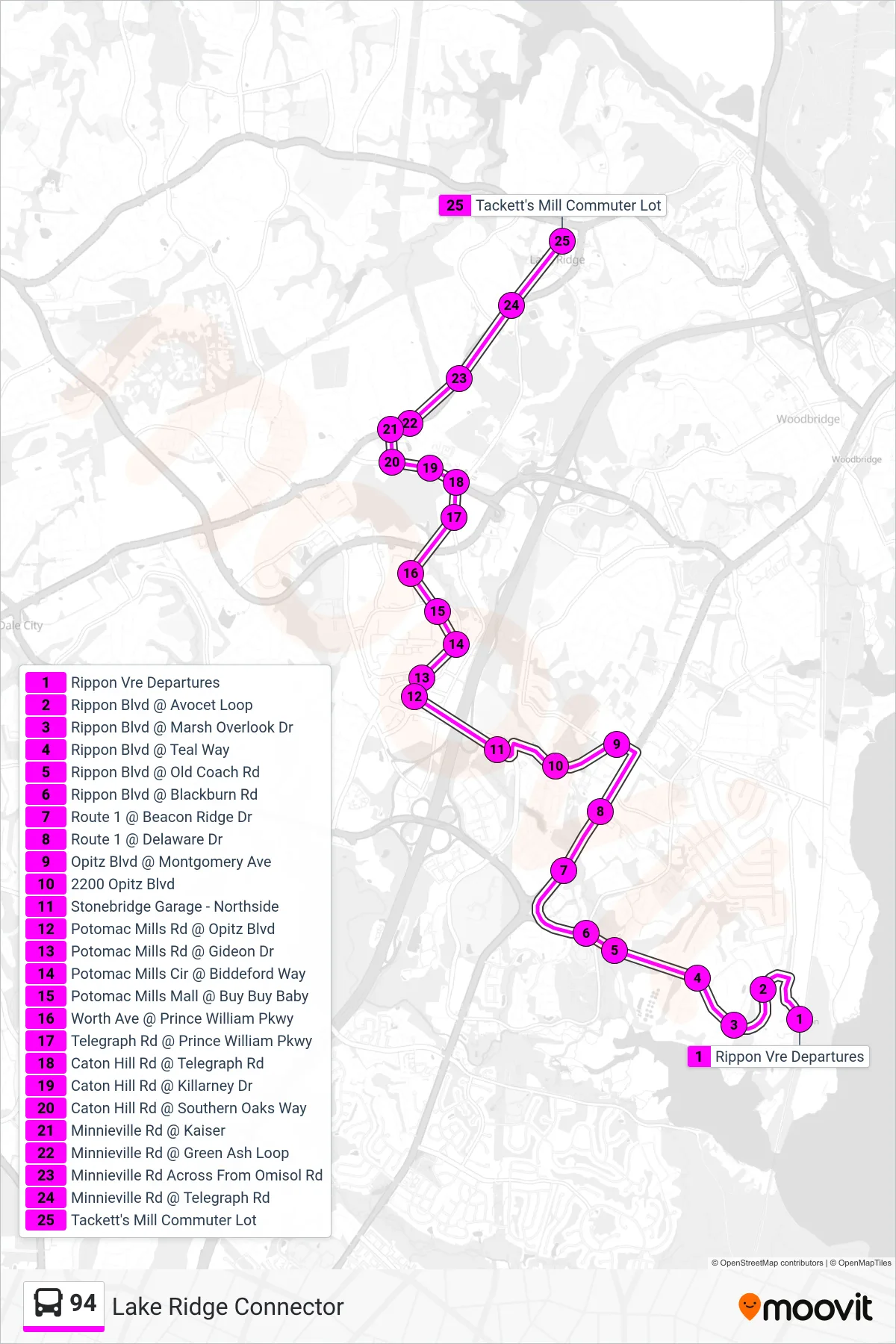 94 bus Line (94 - Lake Ridge) route and stops on a map