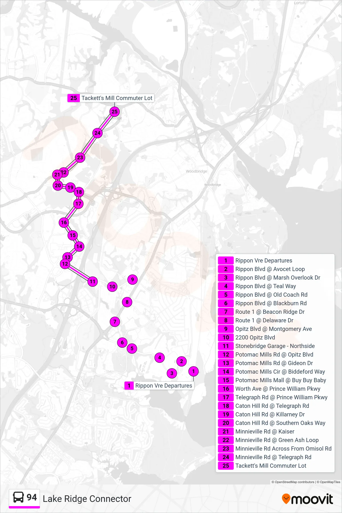 94 bus Line (94 - Tackett's Mill) route and stops on a map