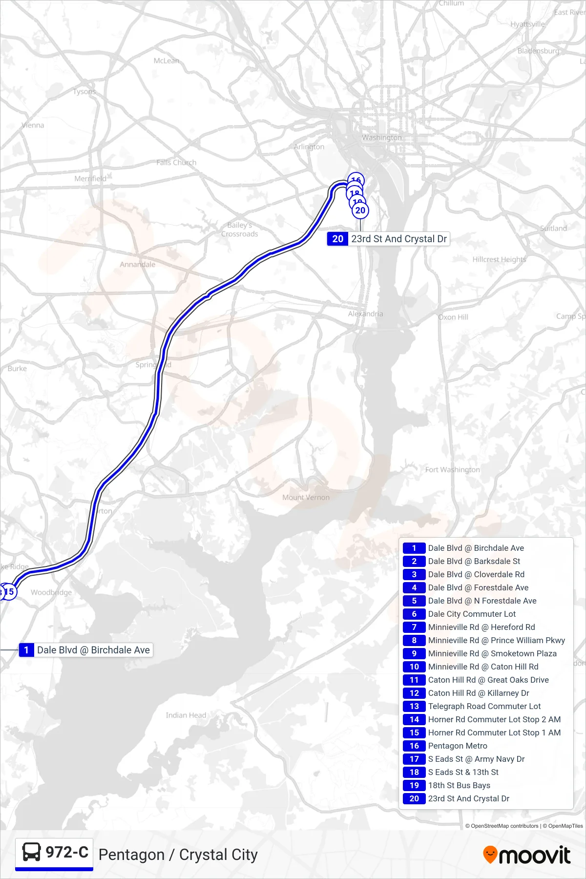 972-C bus Line (Pentagon / Crystal City) route and stops on a map