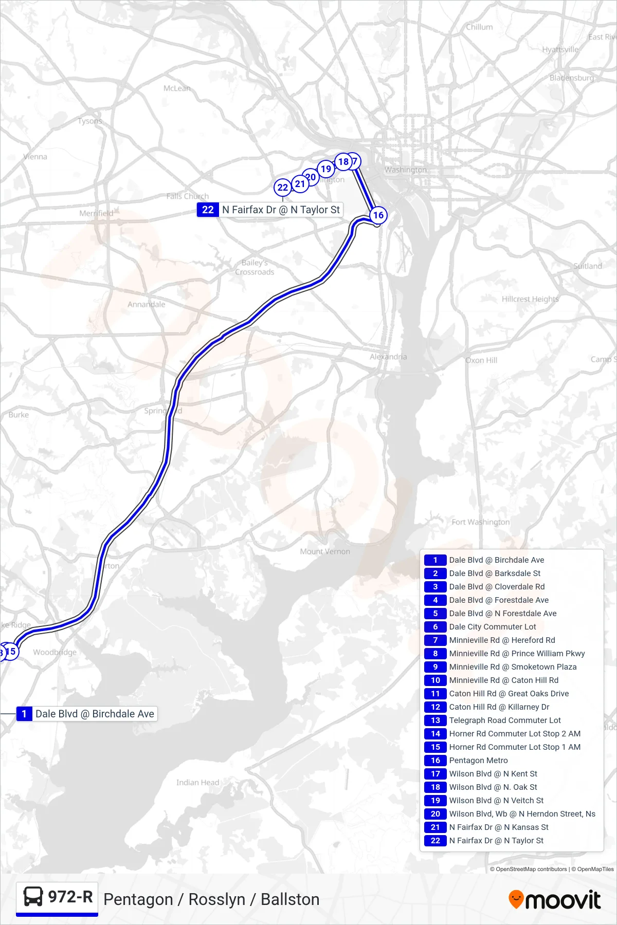 972-R bus Line (Pentagon / Rosslyn / Ballston) route and stops on a map