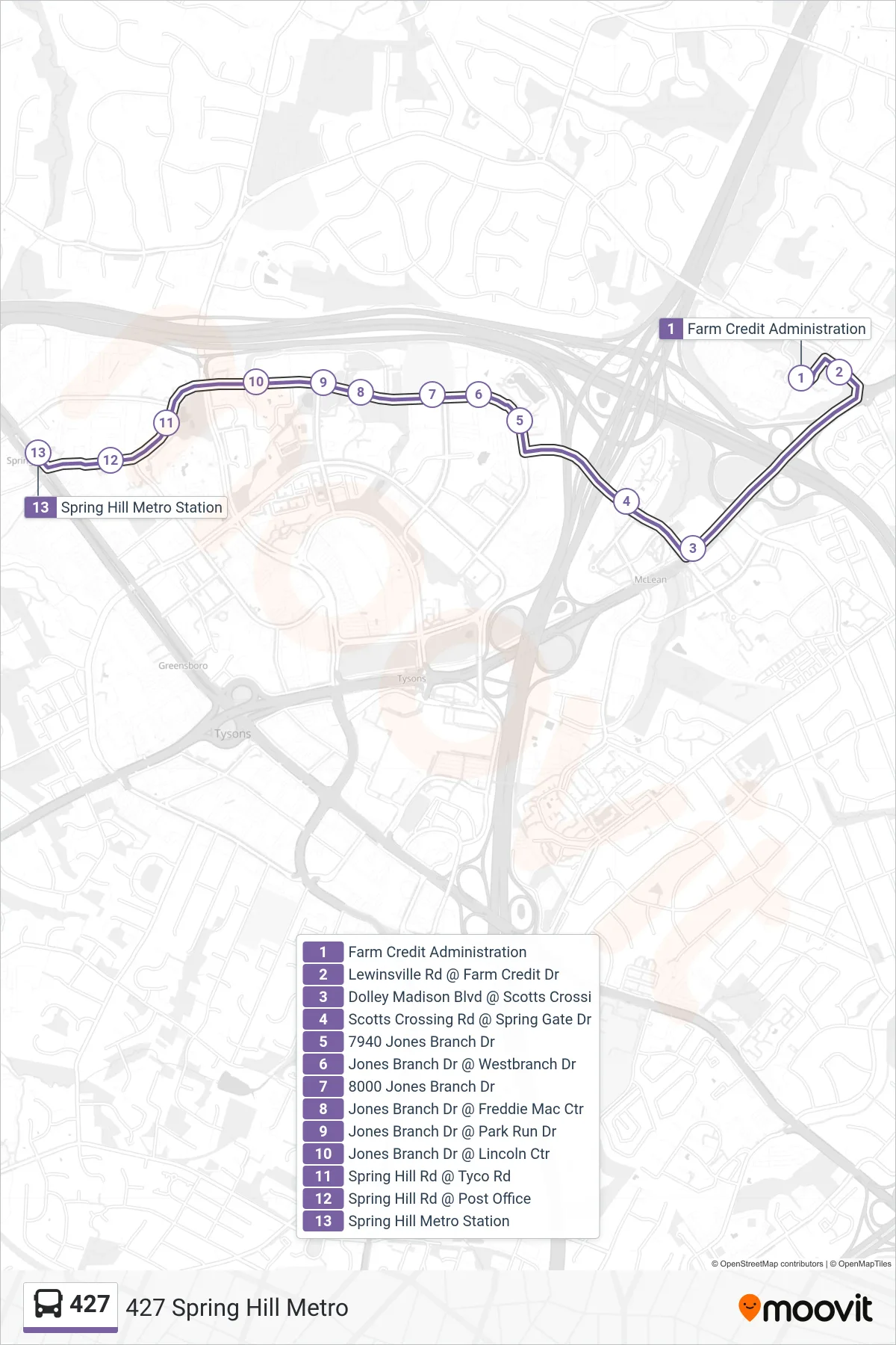427 bus Line (427 Spring Hill Metro) route and stops on a map