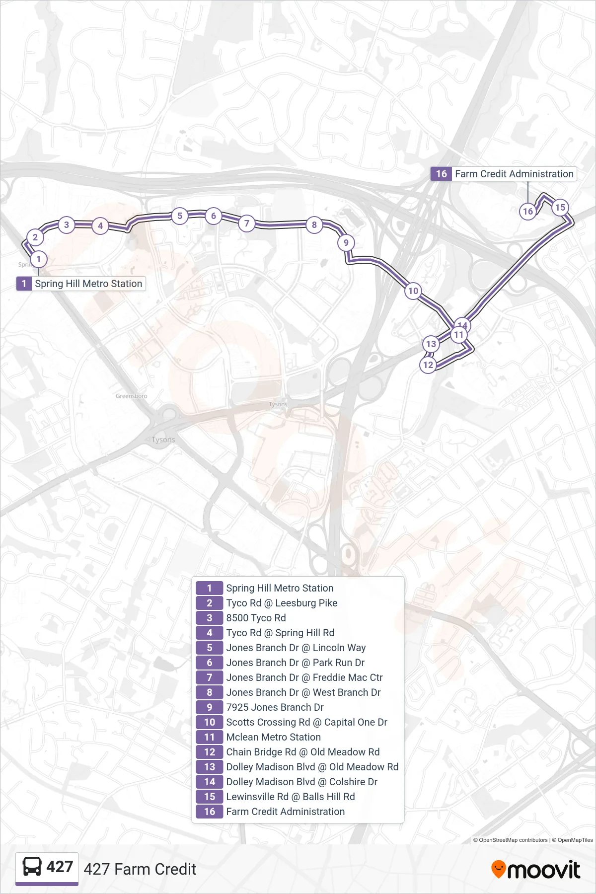 427 bus Line (427 Farm Credit) route and stops on a map