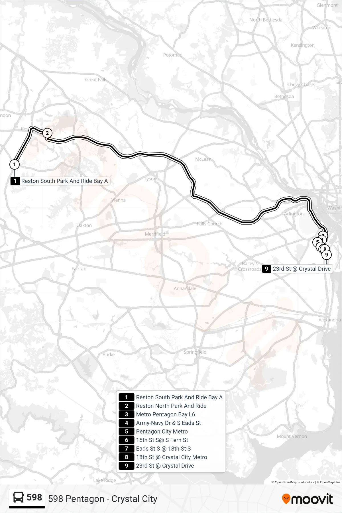 598 bus Line (598 Pentagon - Crystal City) route and stops on a map