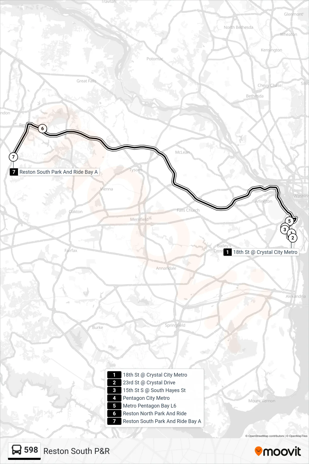 598 bus Line (Reston South P&R) route and stops on a map
